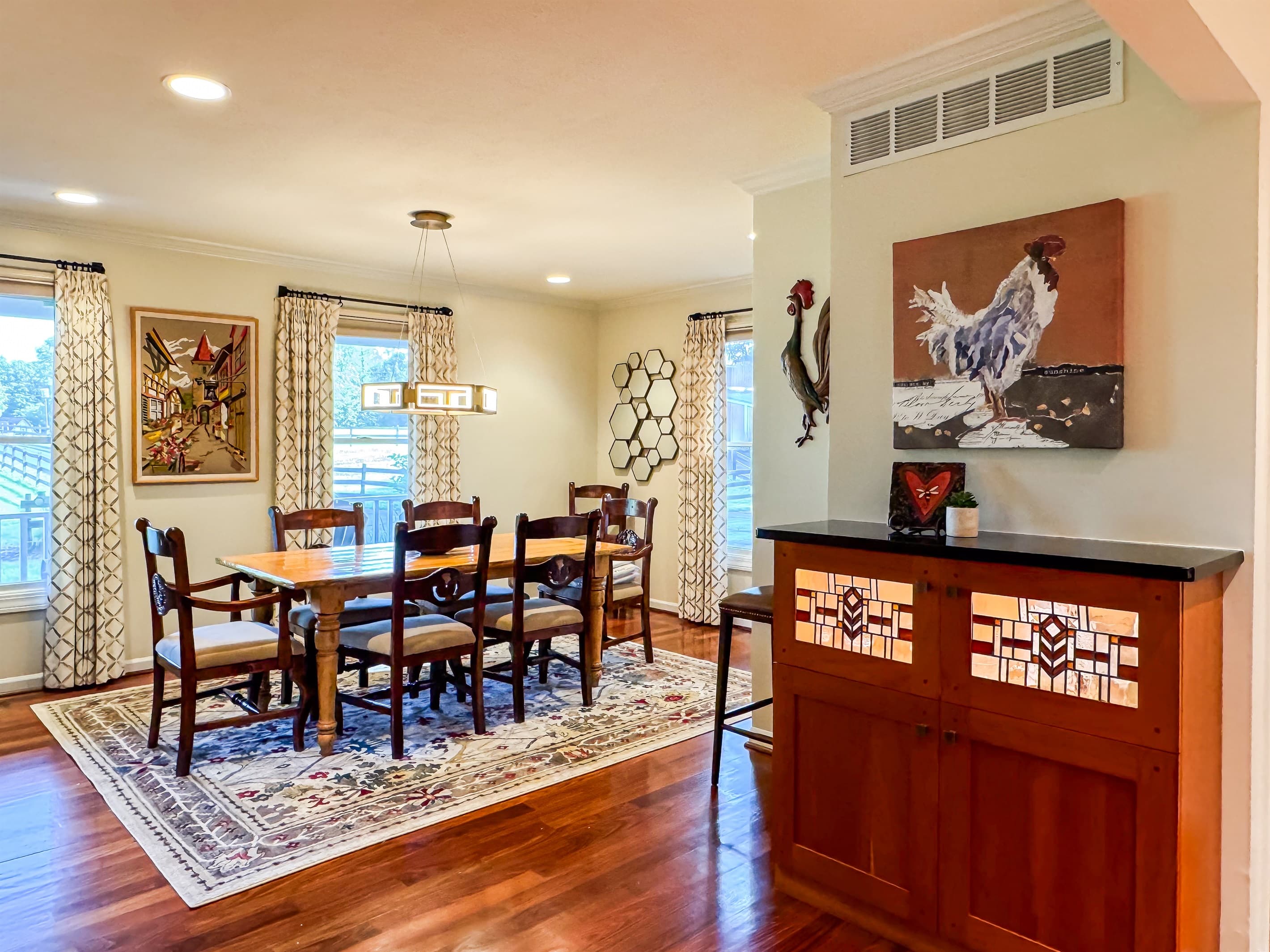 Large formal Dining Room Table and 8 chairs for dinners our playing family games at Pointer Haus.
