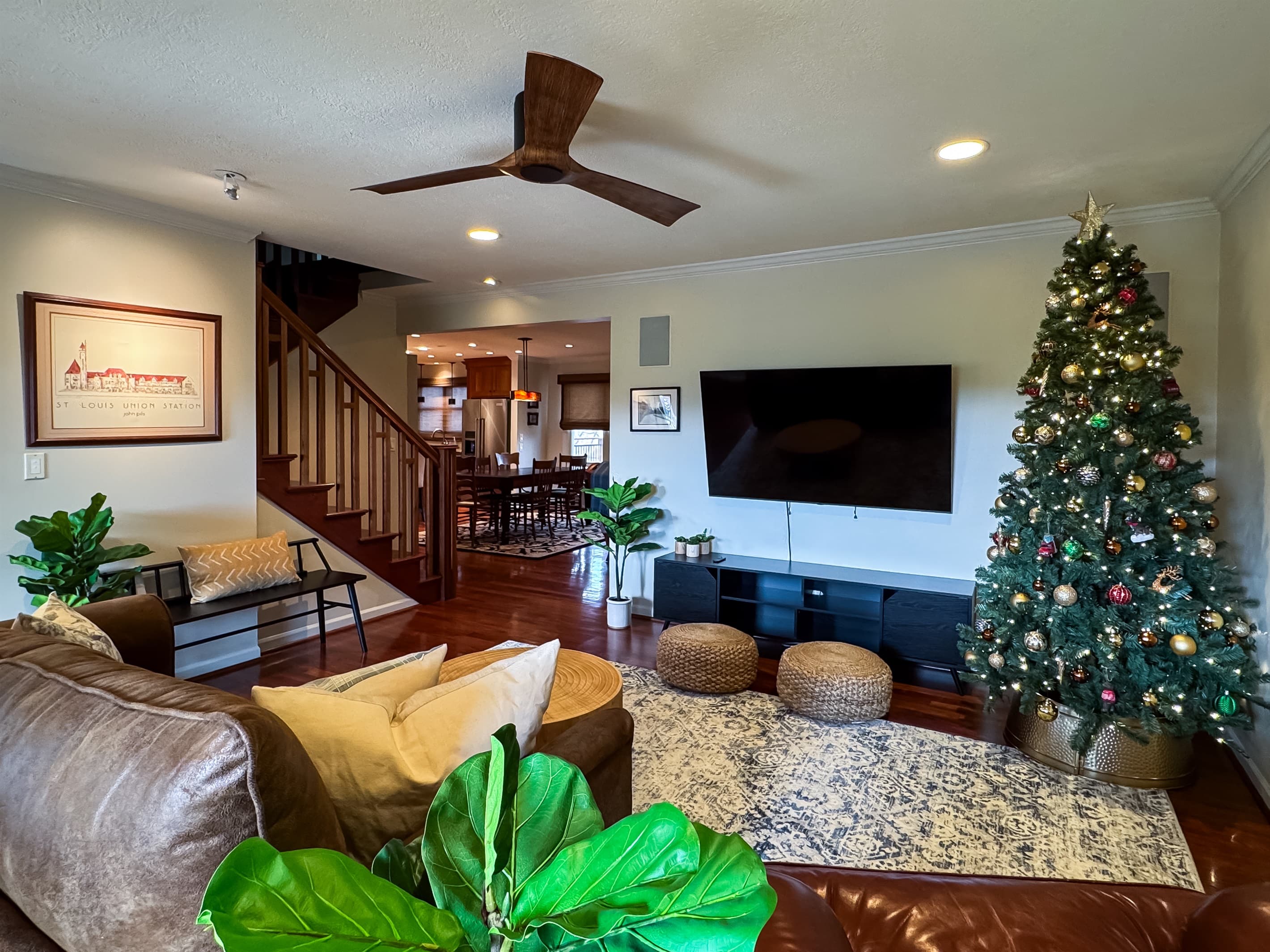 Spacious great room for family holiday movie night with 65 inch Smart TV at Pointer Haus.