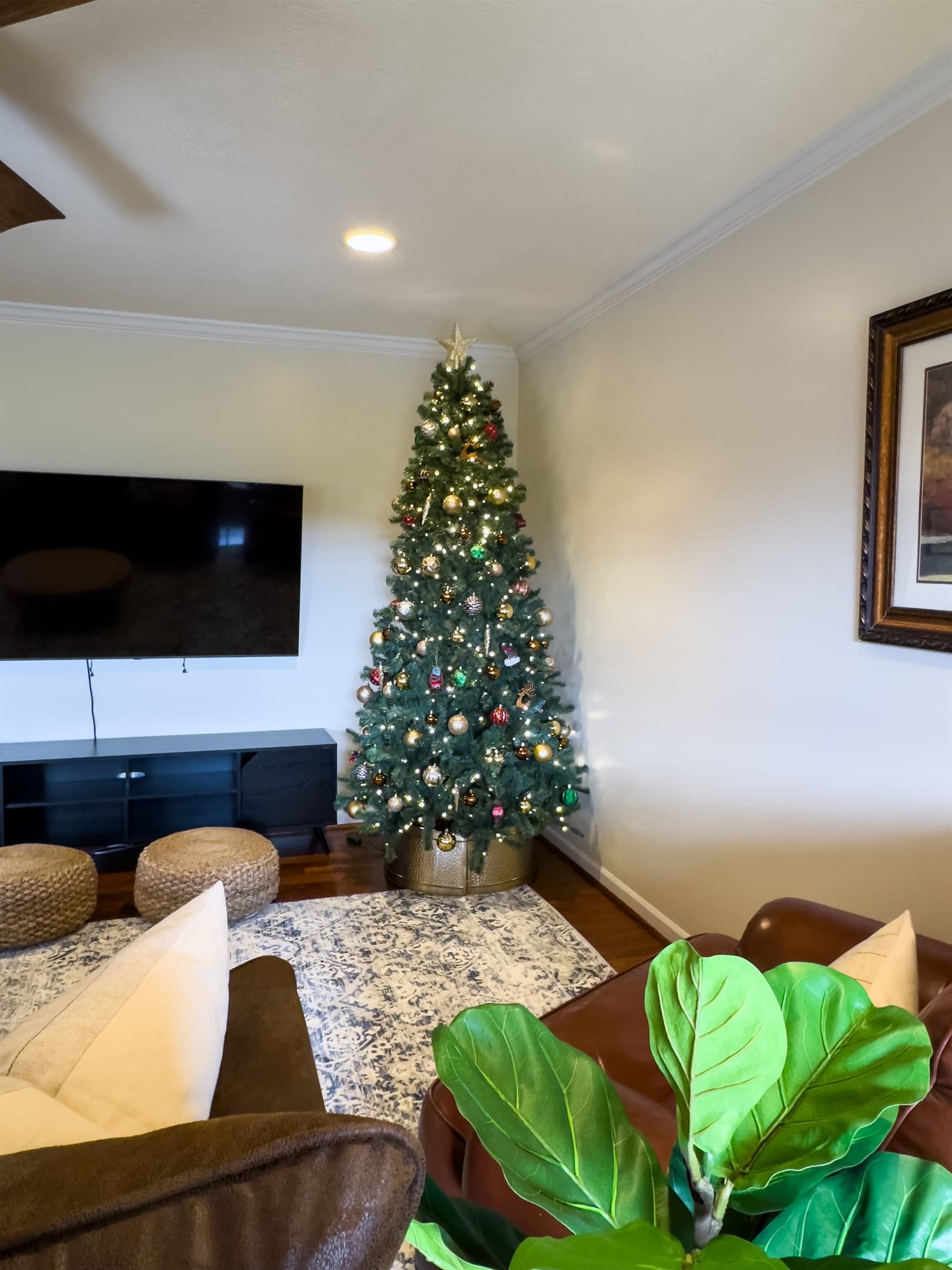 Spacious great room for family holiday movie night with 65 inch Smart TV at Pointer Haus.