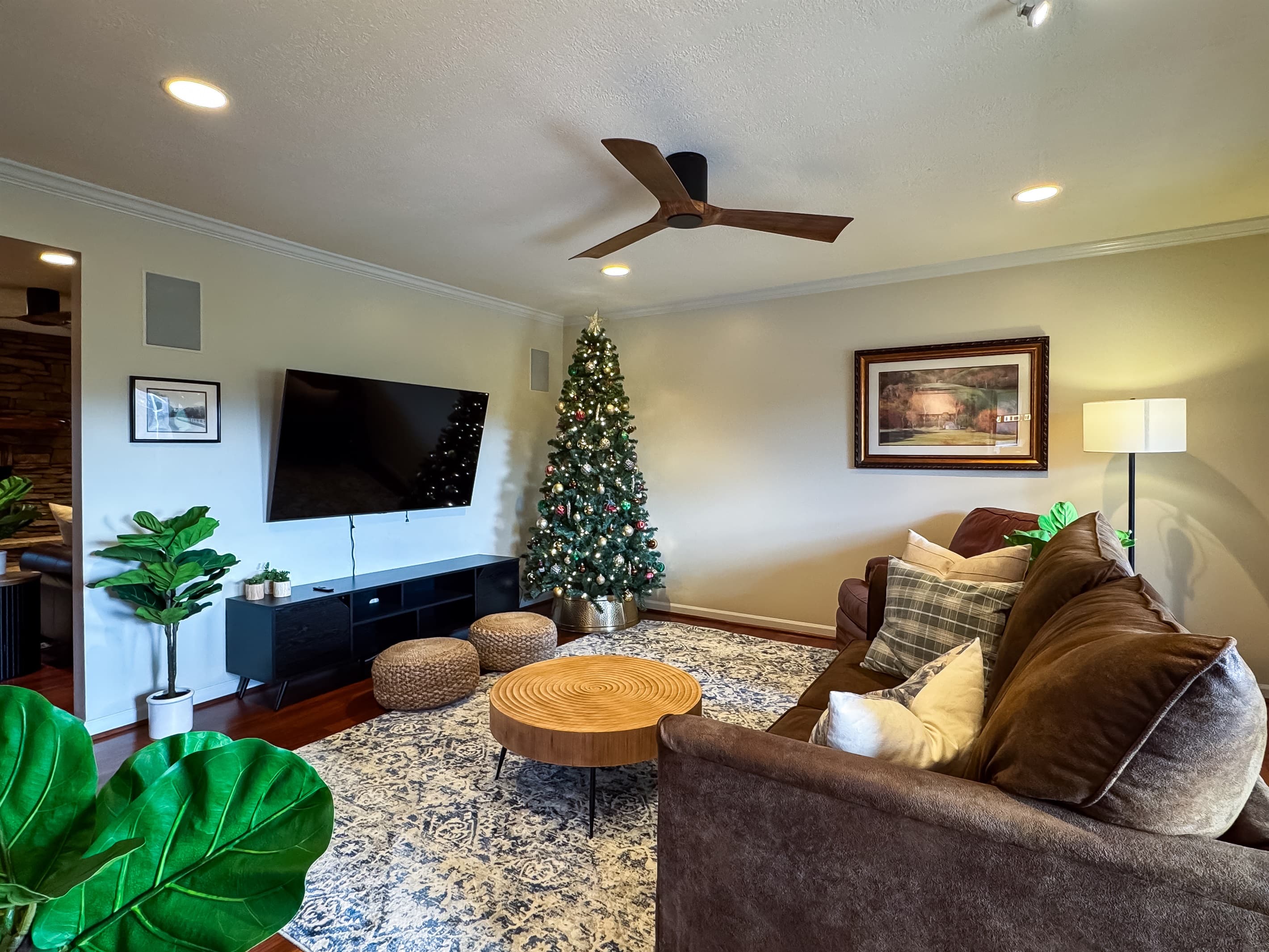 Spacious great room for family holiday movie night with 65 inch Smart TV at Pointer Haus.