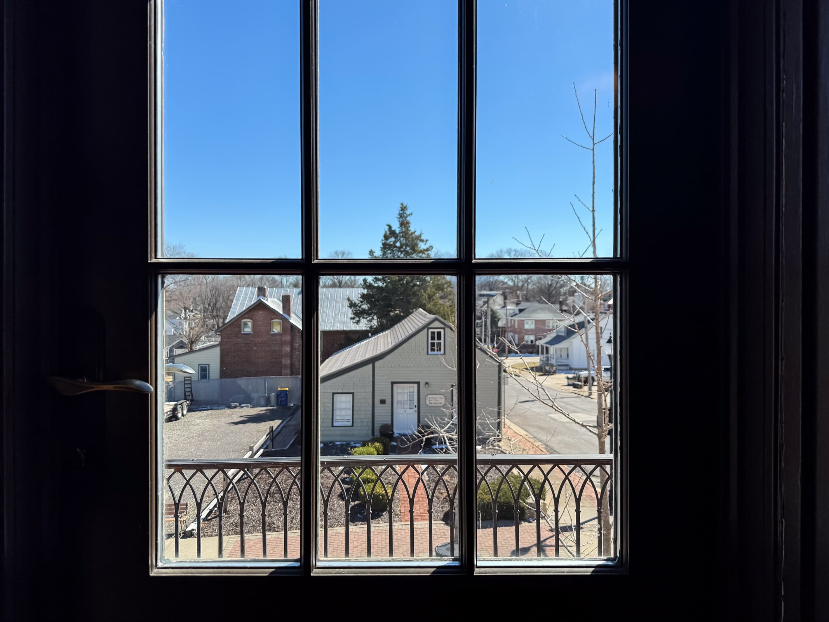 Views from the vintage door to the balcony of this historic 1863 commercial structure that was renovated with a modern interior located in downtown Washington, MO at the Tamm Loft.