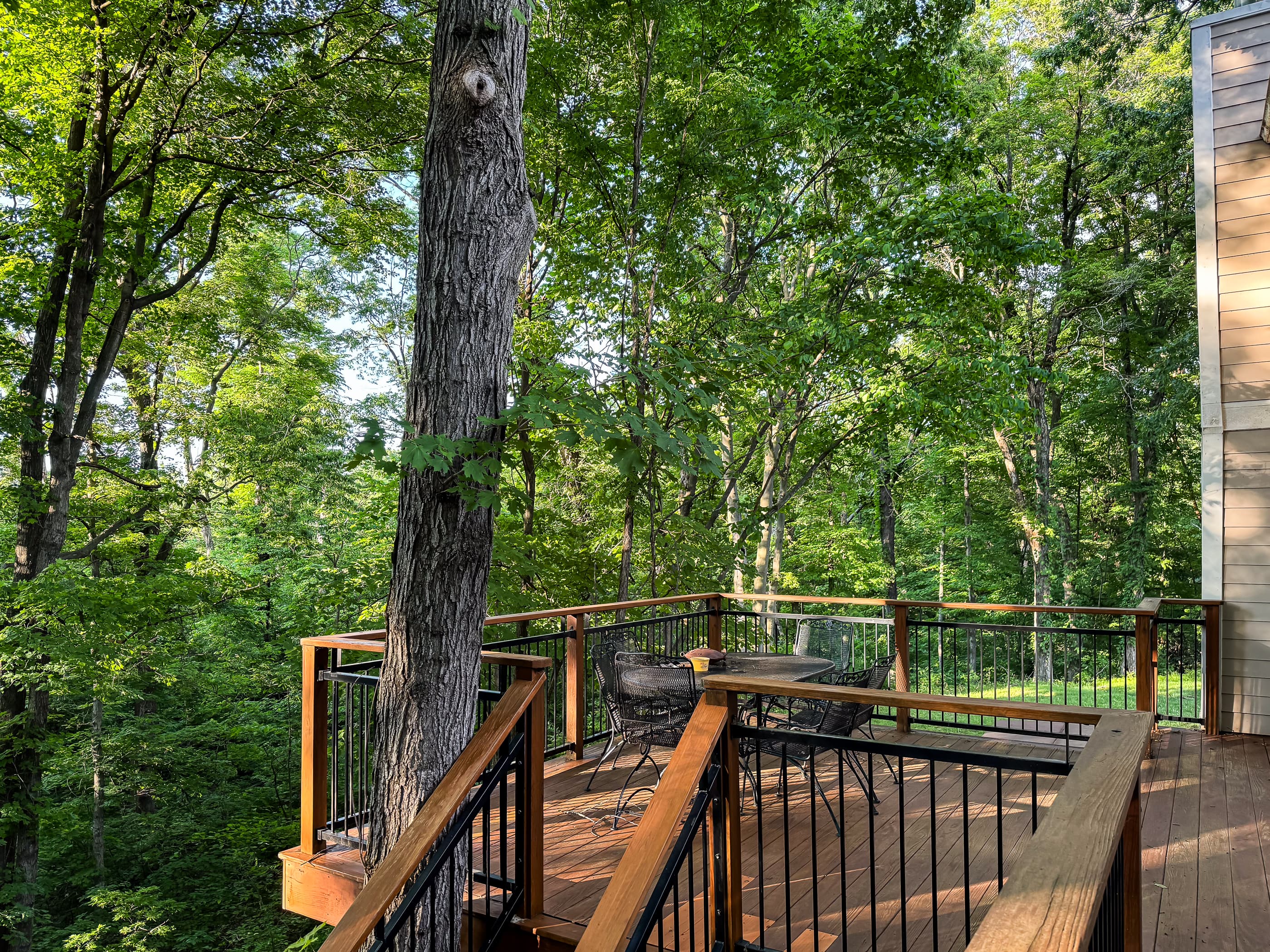 Shaded wrap around back yard deck for family dinners or peaceful morning coffee at Pointer Haus.