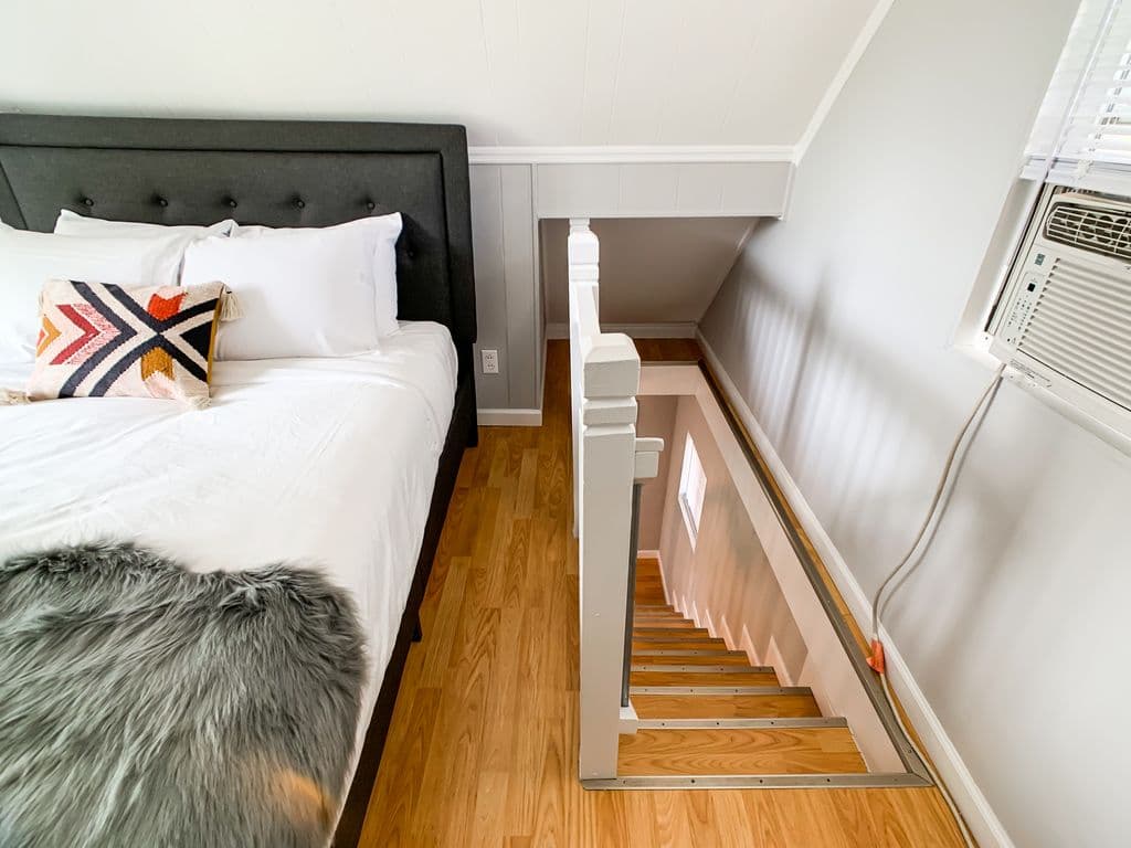 Steps leading to loft bedroom at the Hound Haus.