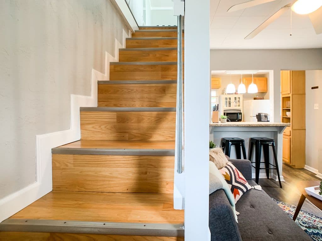 Steps leading to loft bedroom at the Hound Haus.