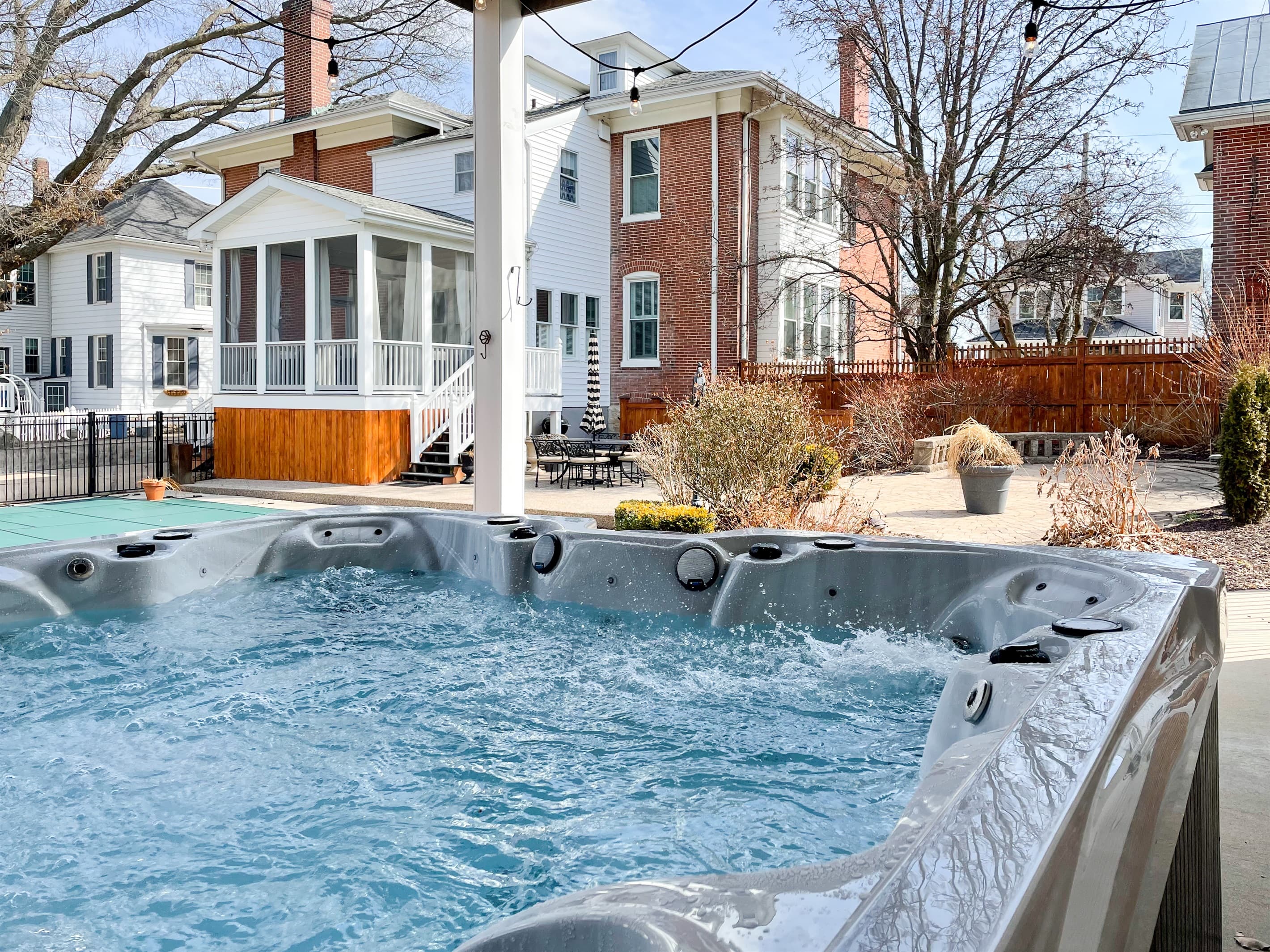Mill Haus has a large covered hot tub that you can enjoy some quality time with family and friends and the hot tub is shared with Beekeeper's Cottage