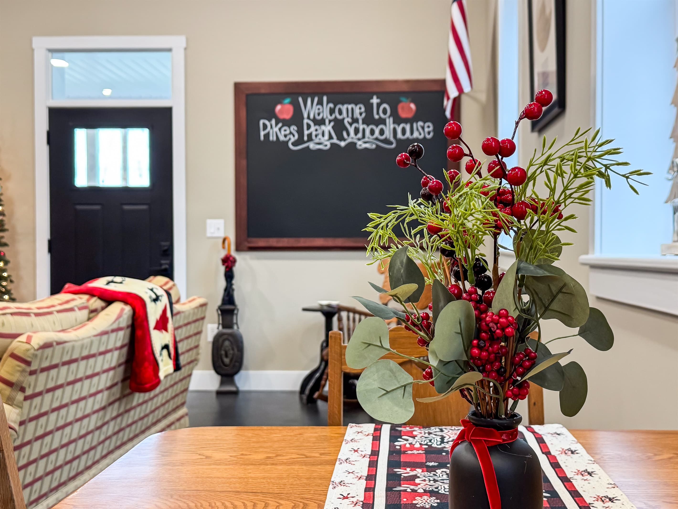 Living area during the holidays at Pikes Peak School House