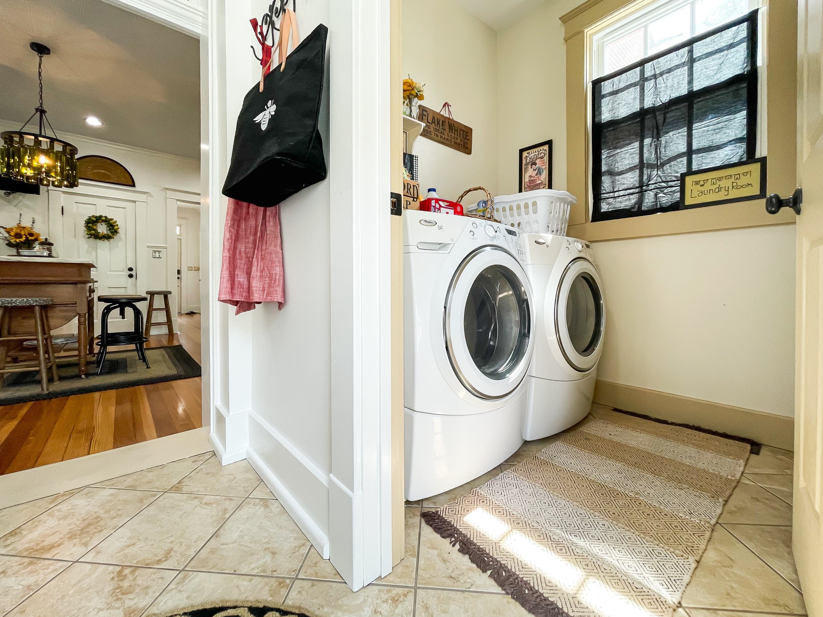 The set of front loading washer and dryer is located off the kitchen by the back door at the Bee's Knees (Beekeeper's Cottage).