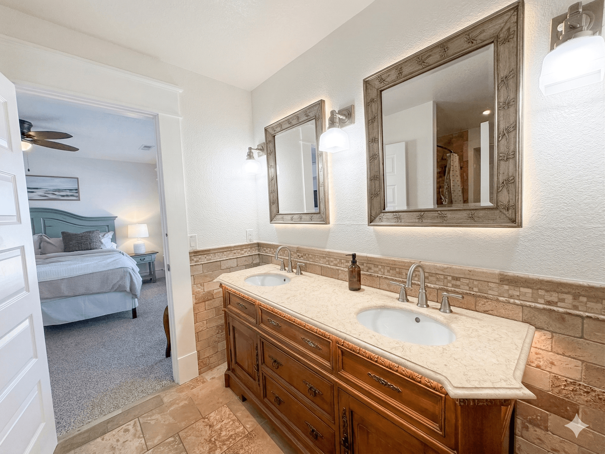 Bathroom 5 — Full View of Shared Ensuite Between Bedrooms 7 & 8 | Natural Stone Tile & Walk-In Shower | The Mark Twain, Outer Banks