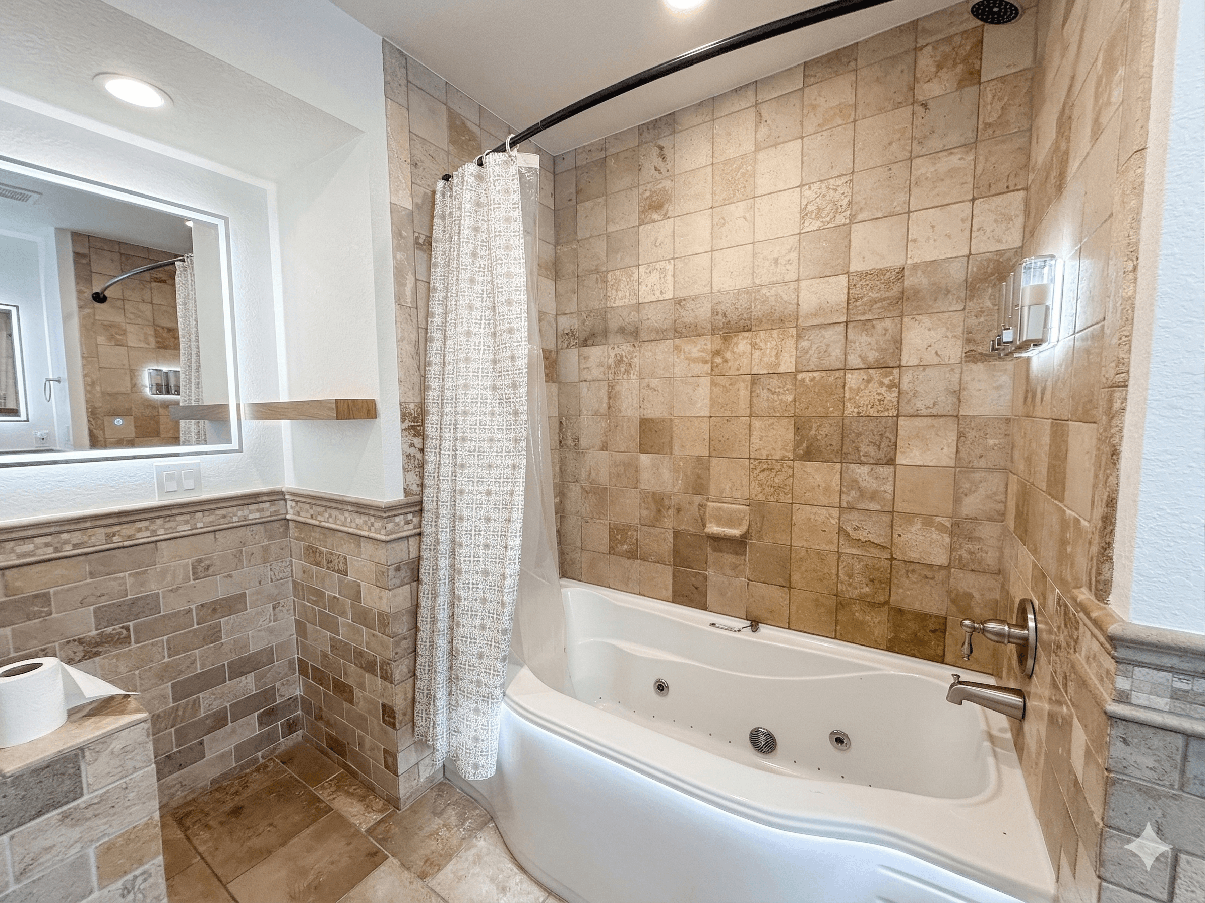Bathroom 5 — Shared Jack-and-Jill Bathroom Between Bedrooms 7 & 8 | Natural Stone Walk-In Shower | The Mark Twain Estate, Outer Banks