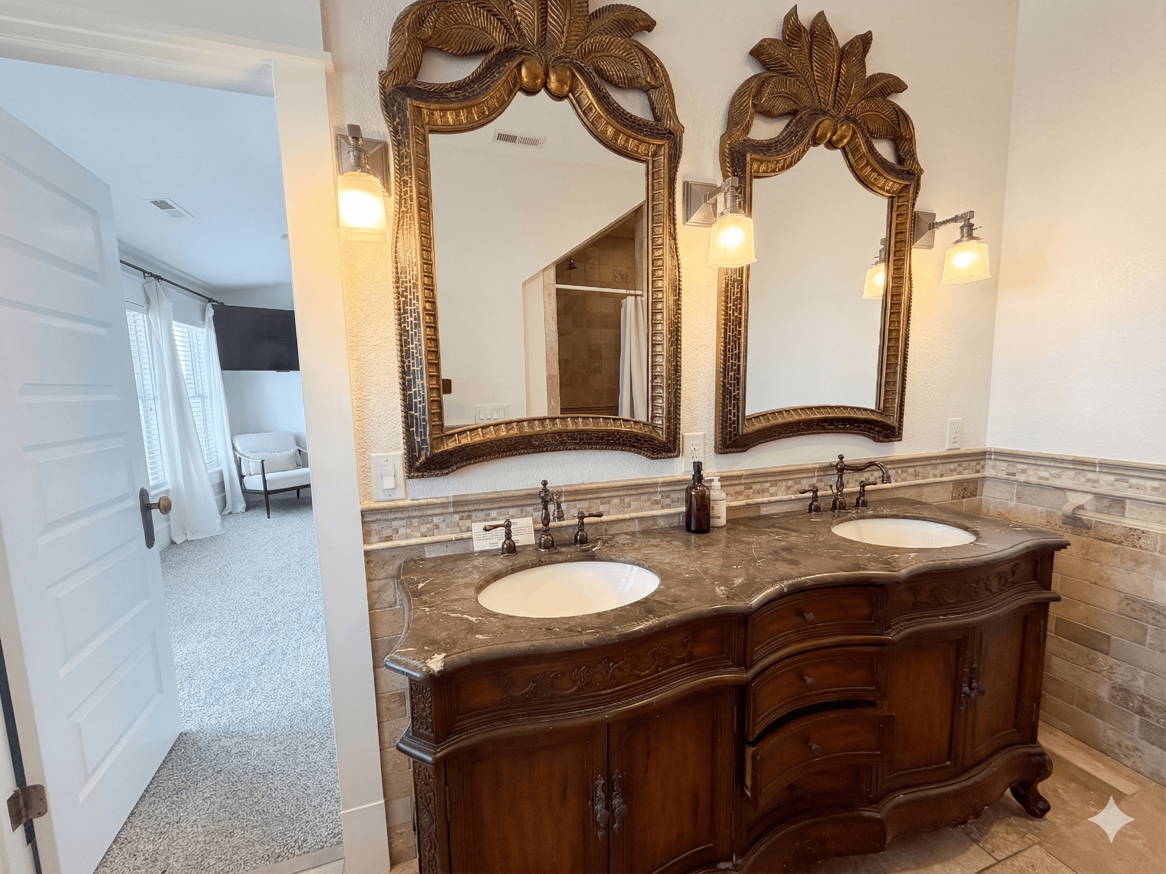 Bathroom 13 — Ornate Ensuite with Antique Double Vanity & Decorative Gold Mirrors | Luxury Finishes at The Mark Twain Estate, Outer Banks