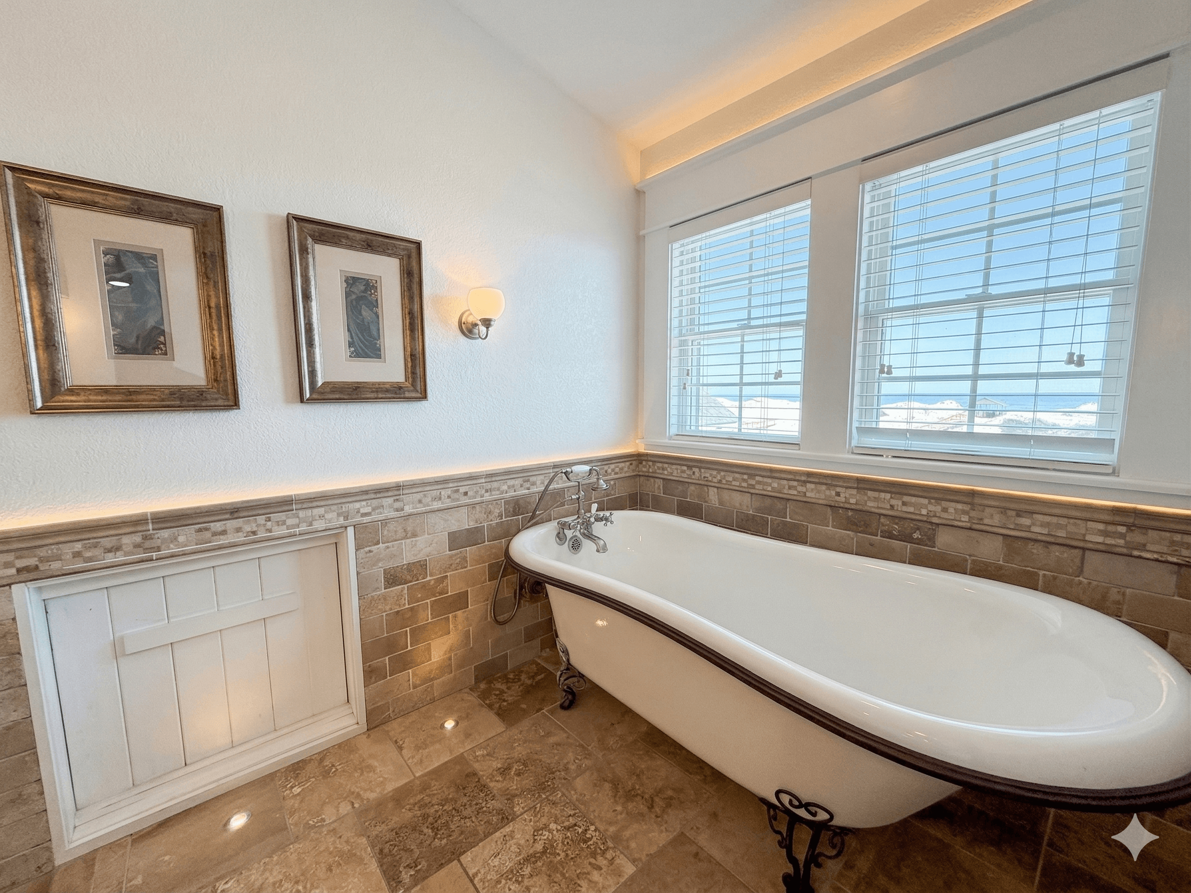 Bathroom 13 — Additional View of Ornate Ensuite with Carved Double Vanity & Gold Decorative Mirrors | The Mark Twain, Outer Banks