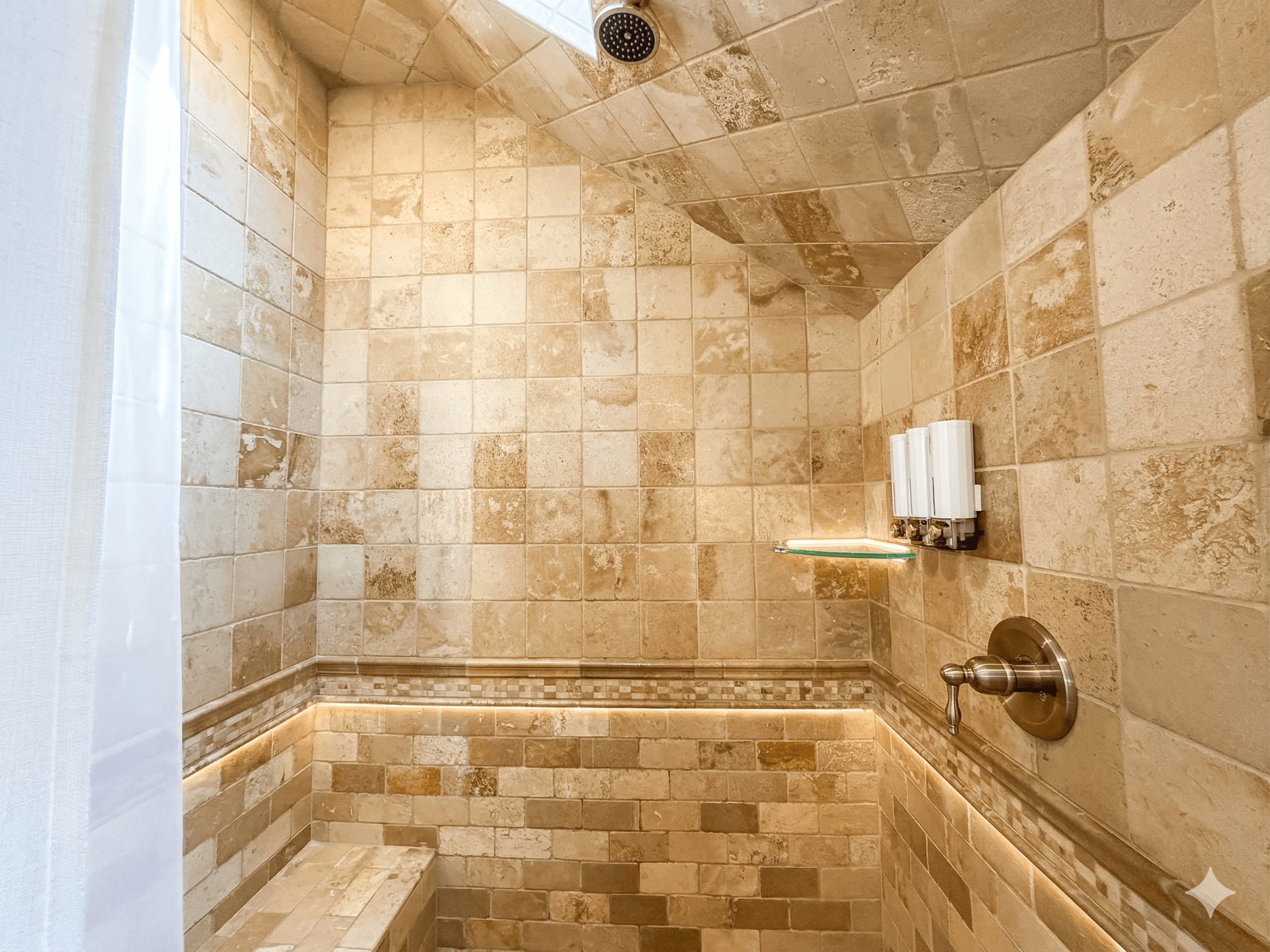 Bathroom 13 — Detailed View of Antique Gold Fixtures & Decorative Tile Accents | Premium Ensuite at The Mark Twain Estate, Outer Banks