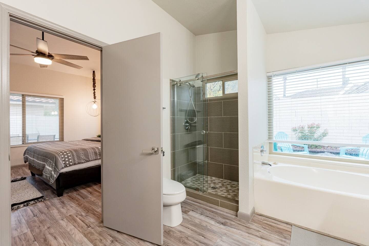 Perfect Staycation - primary en-suite with walk-in shower and bathtub.
