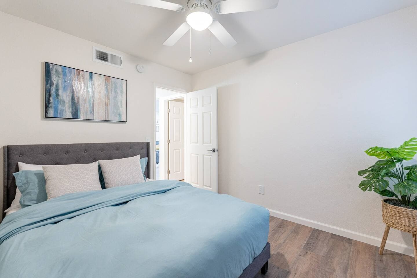 Perfect Escape - Bedroom three with queen size gel foam mattress and ceiling fan.