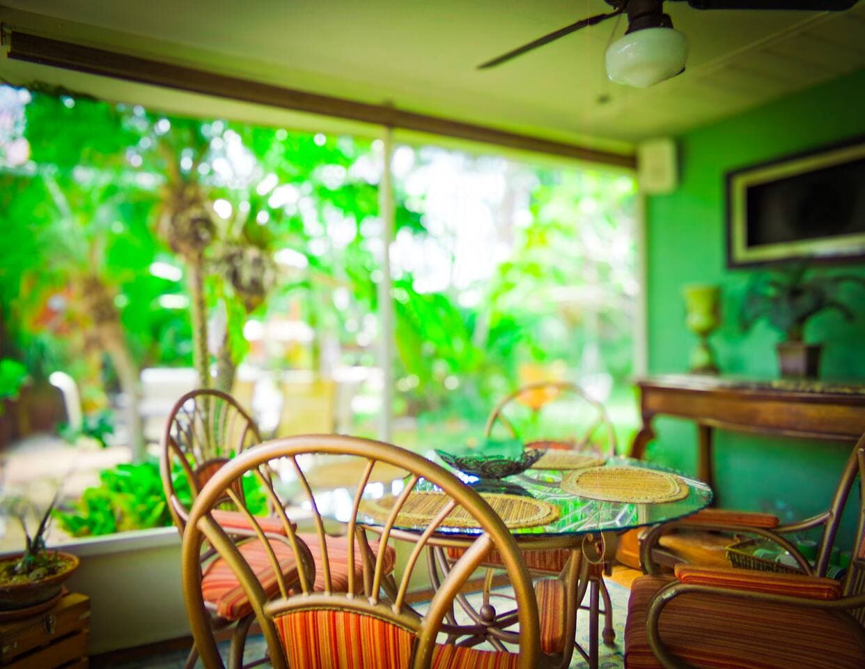 Fennario's  lanai is a covered, outdoor patio set amongst this tropical coastal homes. It provides a comfortable, shaded space for relaxing, dining, or entertaining while enjoying the fresh air and views without the trouble of pesky mosquitos.