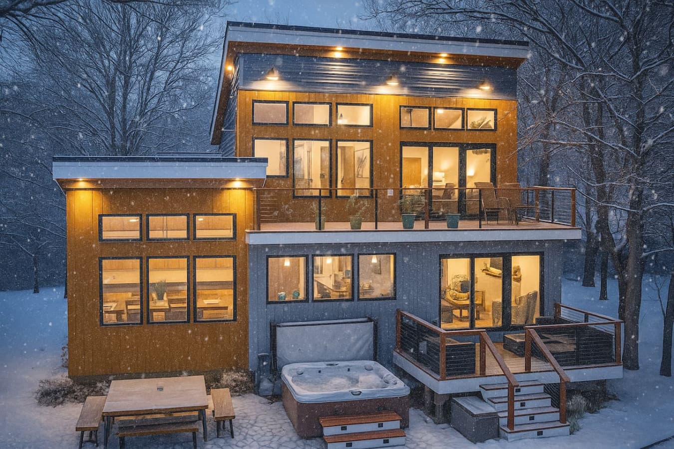 Escape to our modern waterfront cabin with panoramic views, a private hot tub, and glowing winter charm. Sip hot cocoa by the fire pit as snow falls softly around you—your cozy Conway retreat awaits.