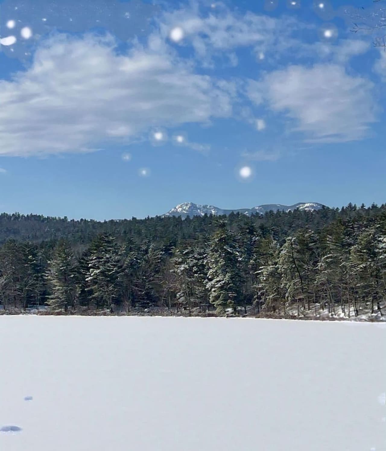 A frozen lake stretches toward snow-capped Mount Chocorua, quiet and breathtaking. Winter wraps the world in white, inviting you to pause, breathe, and feel the magic settle around you.