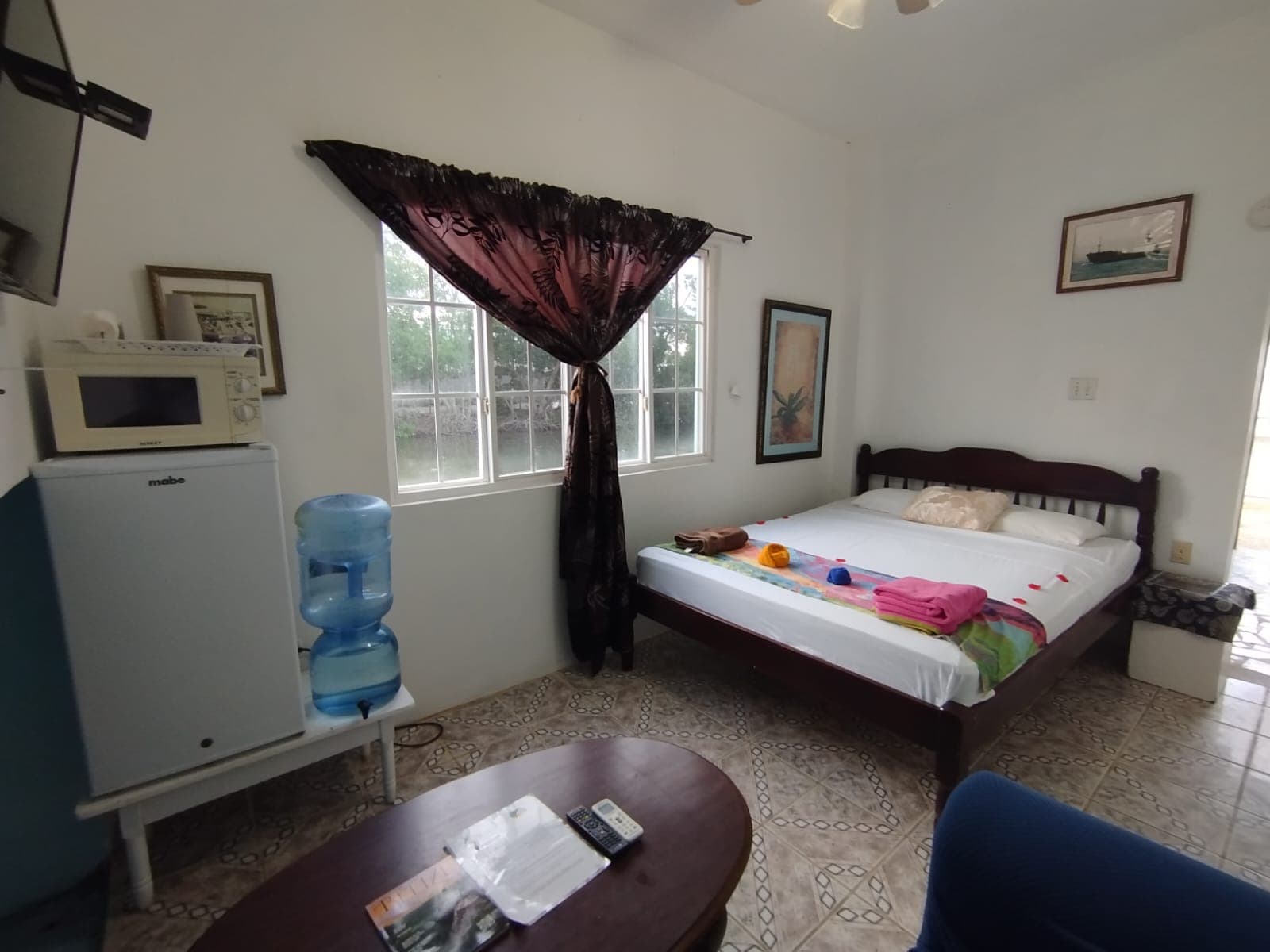 Poolside bed with minifridge and microwave