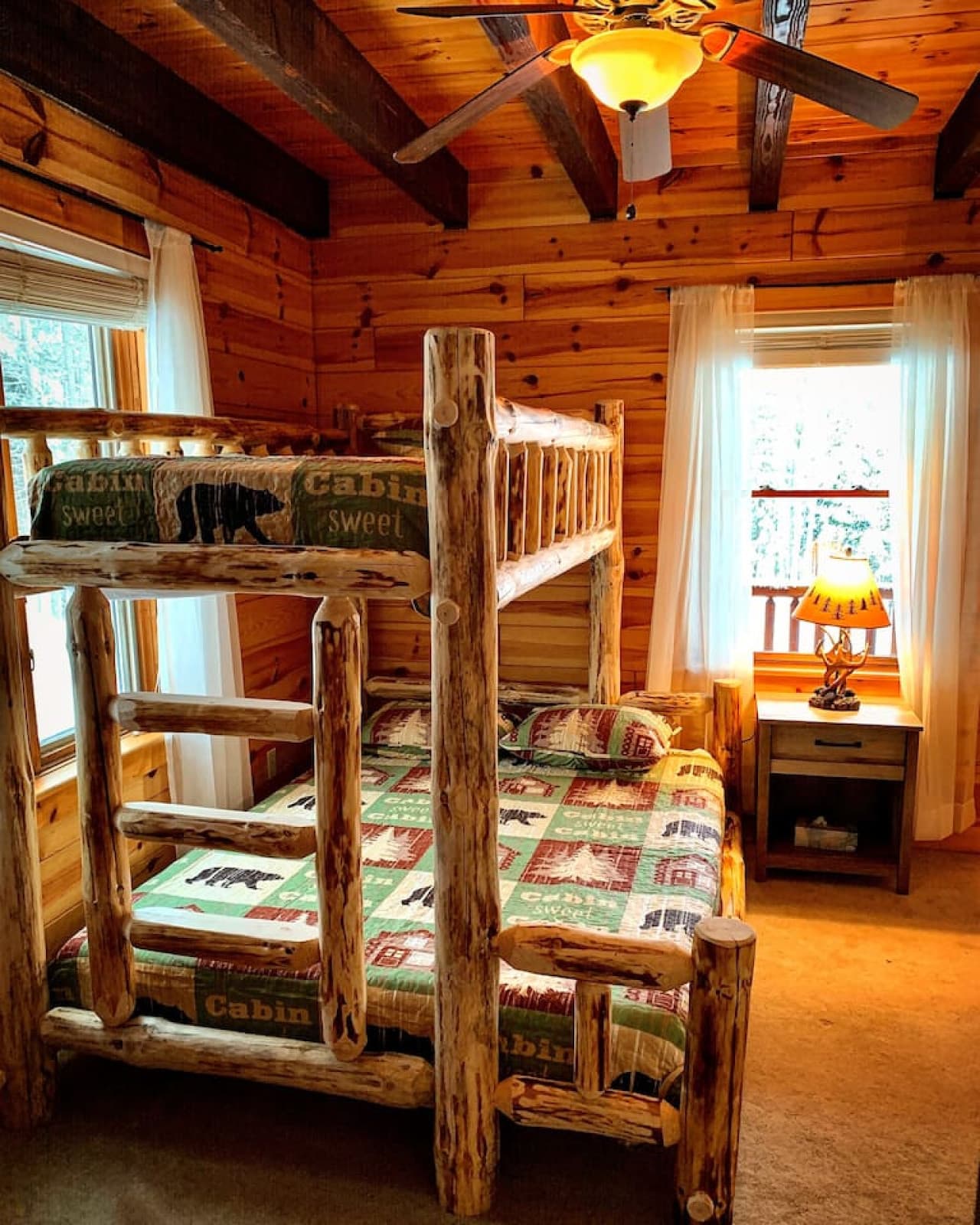 Queen bed on the bottom bunk,
Twin XL bed on top bunk