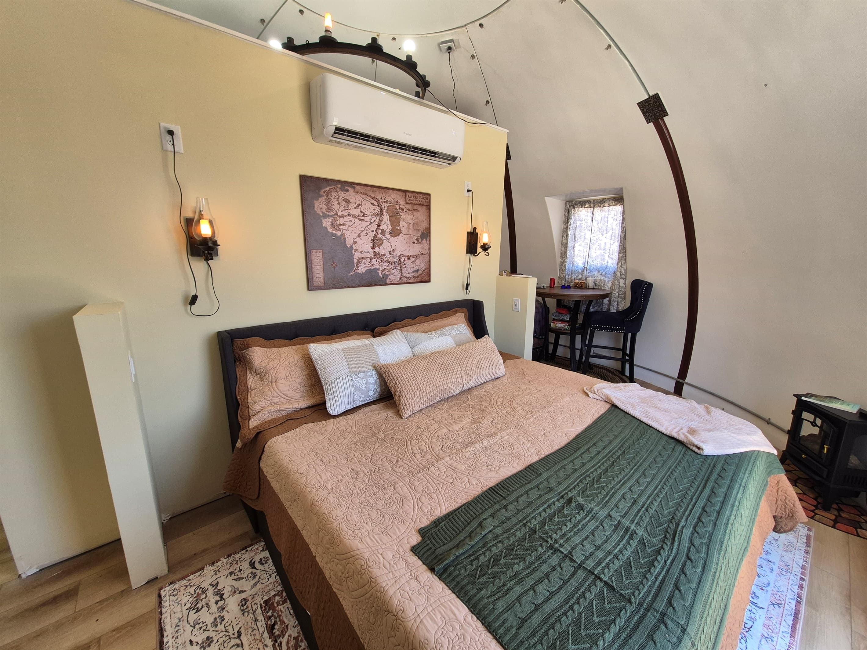 The sleeping area also has a small electric fireplace and year round climate control with a mini-split unit