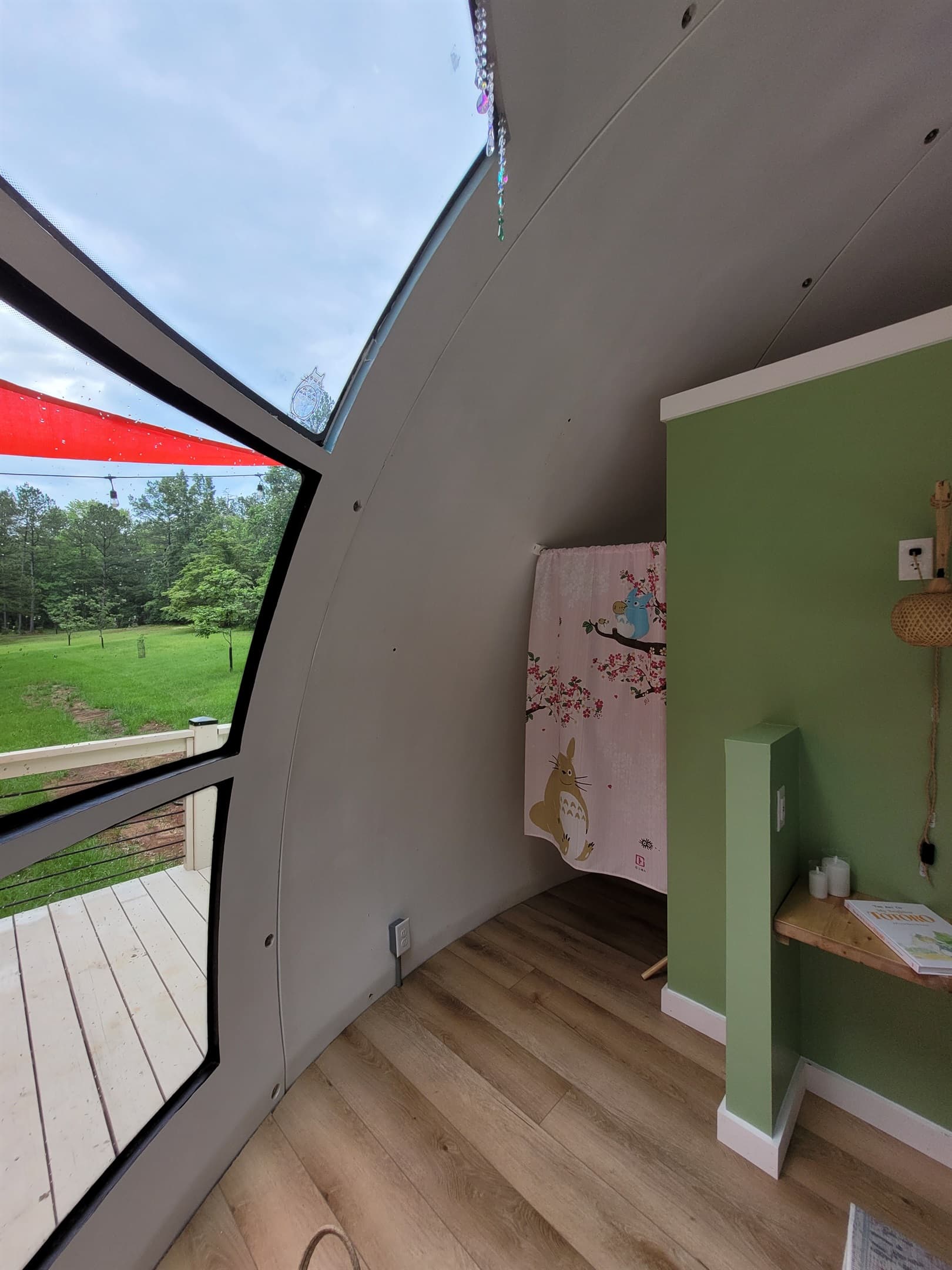 Curtained entrance to bathroom area