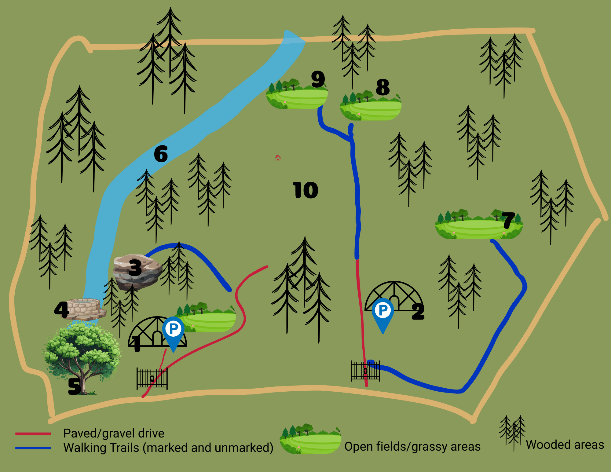 map of property - explore the trails through the woods.  Wander and explore.