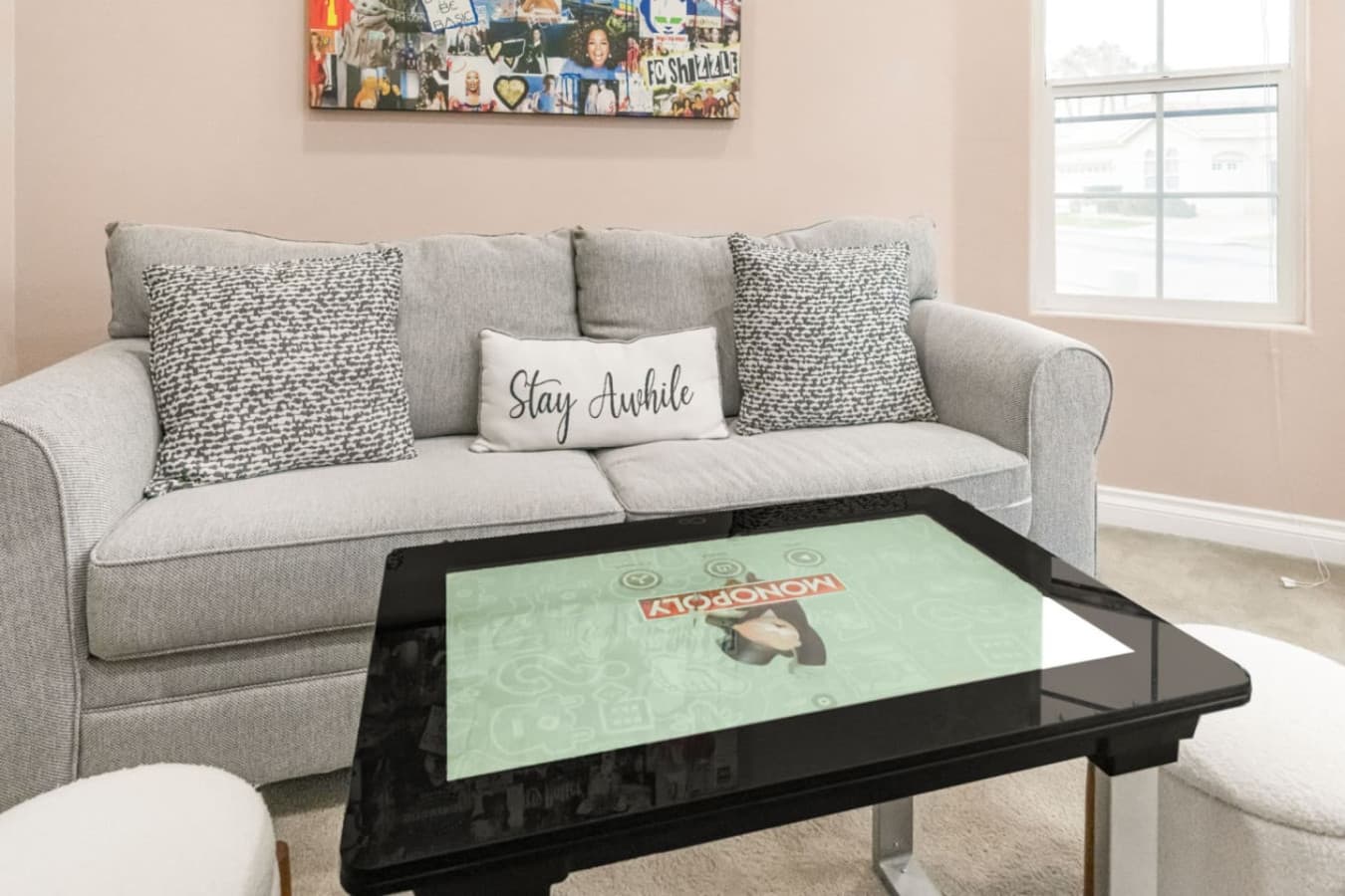 Comfy sofa and coffee table setup, perfect for games, conversation, or unwinding after a day out.