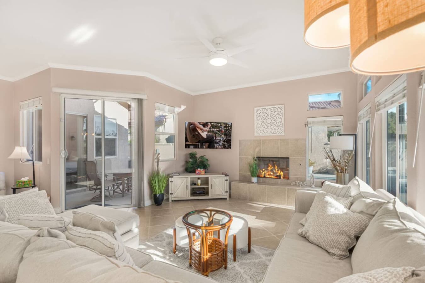 Living area angle showing cozy seating and easy access to the outdoors for indoor-outdoor flow.