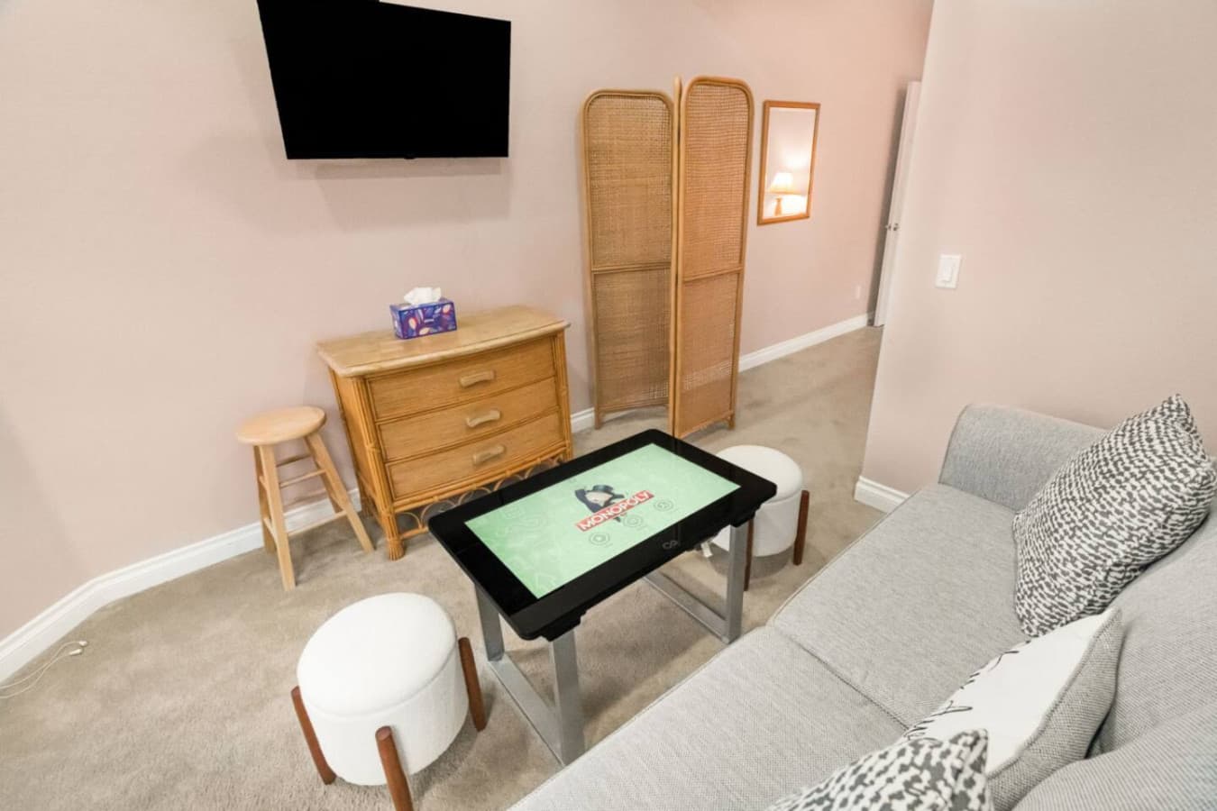 Open living space w/ seating and TV, keeping everything close and easy to enjoy.