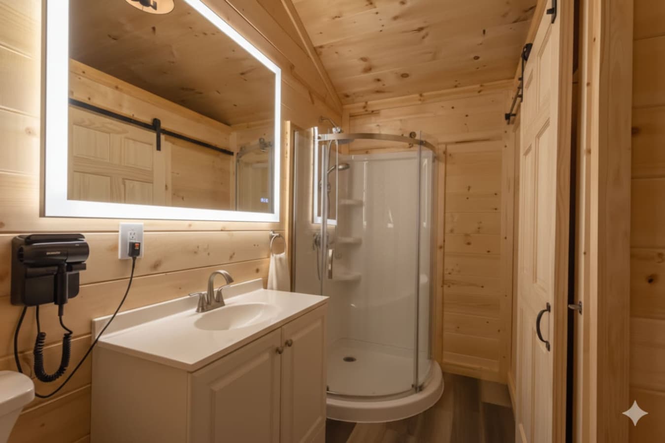 Bright & Clean: Well-lit vanity and spacious shower area for your morning routine.