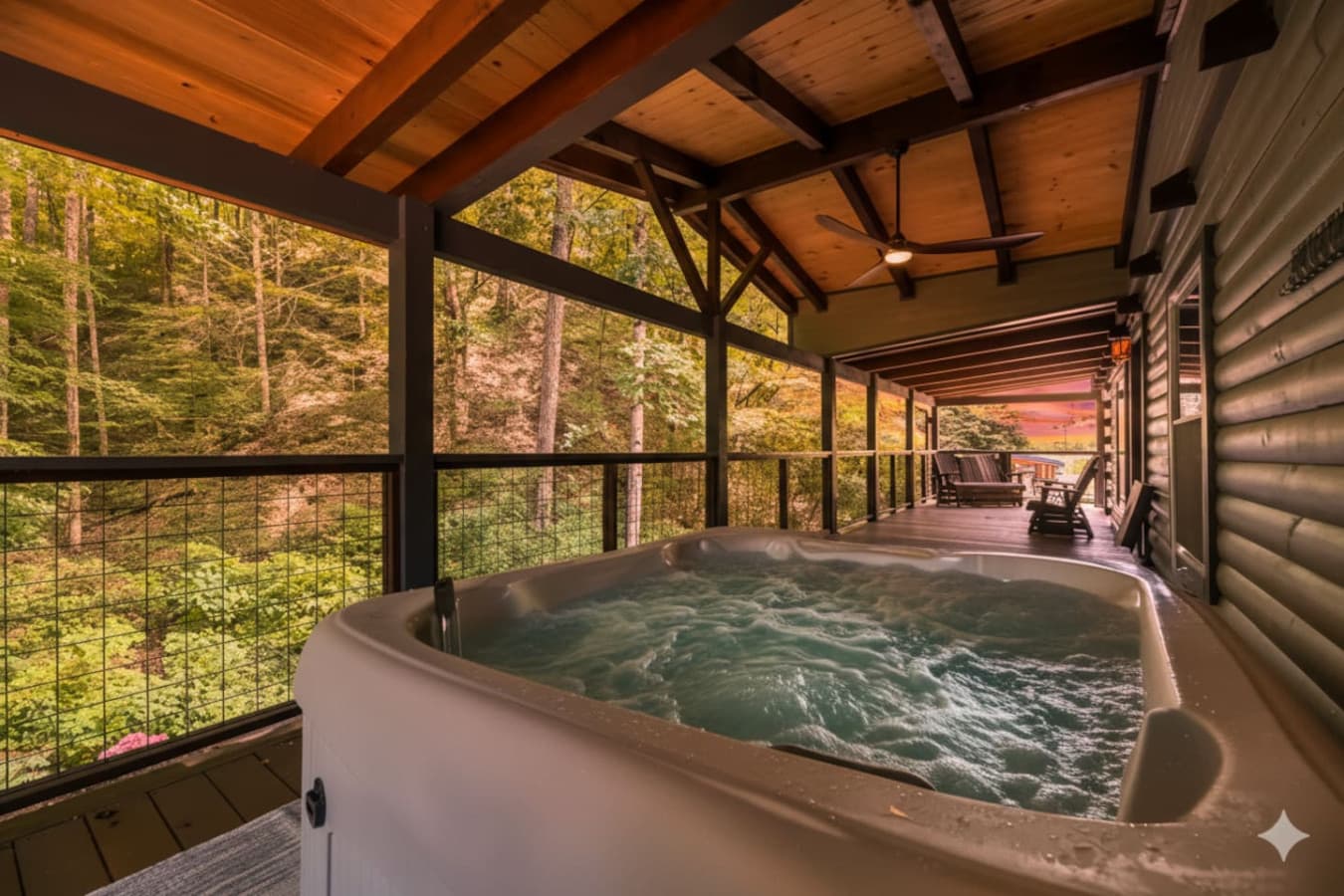 Soak away your stress in the private hot tub while listening to the sounds of the farm.
