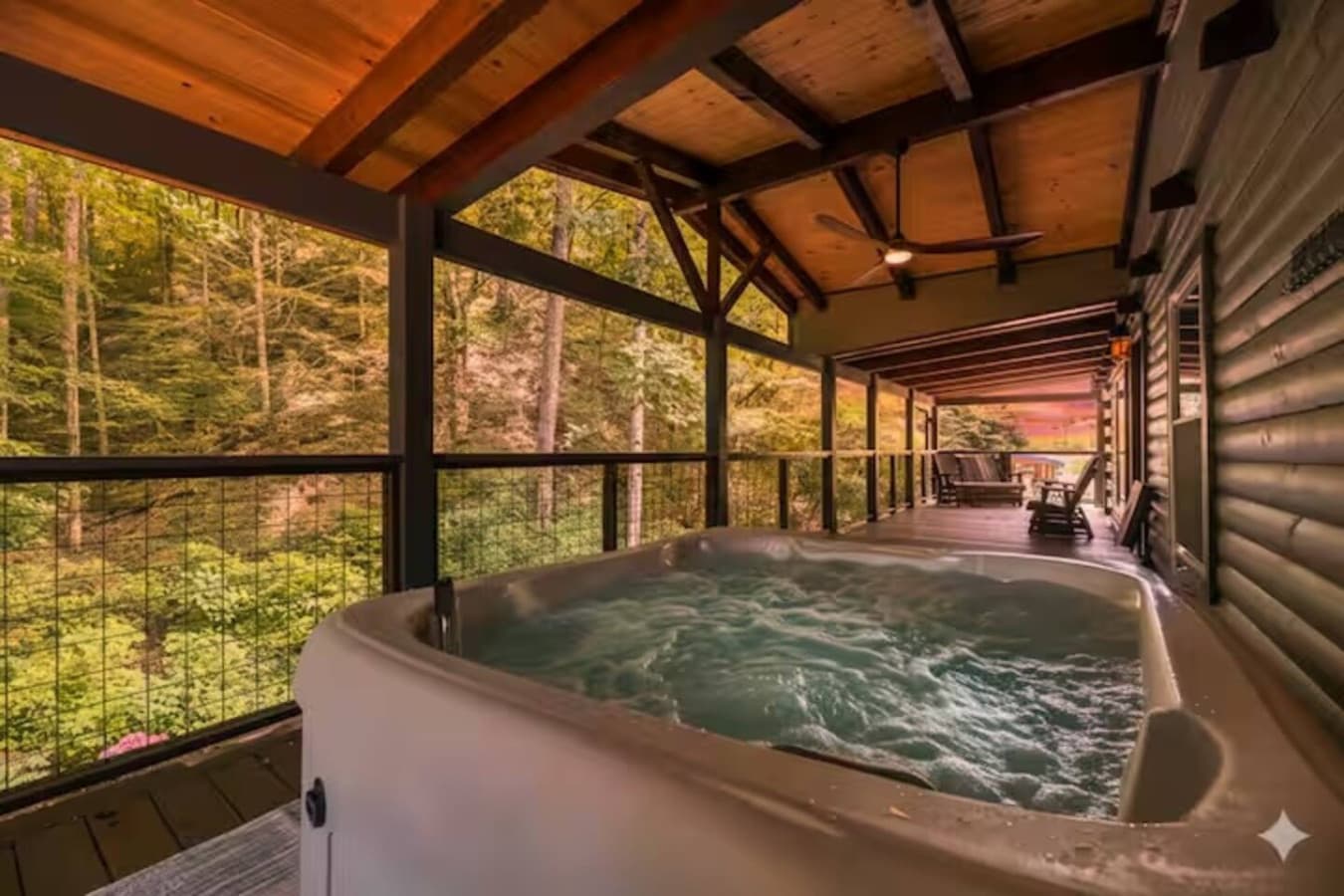 Soak away your stress in the private hot tub while listening to the sounds of the farm.