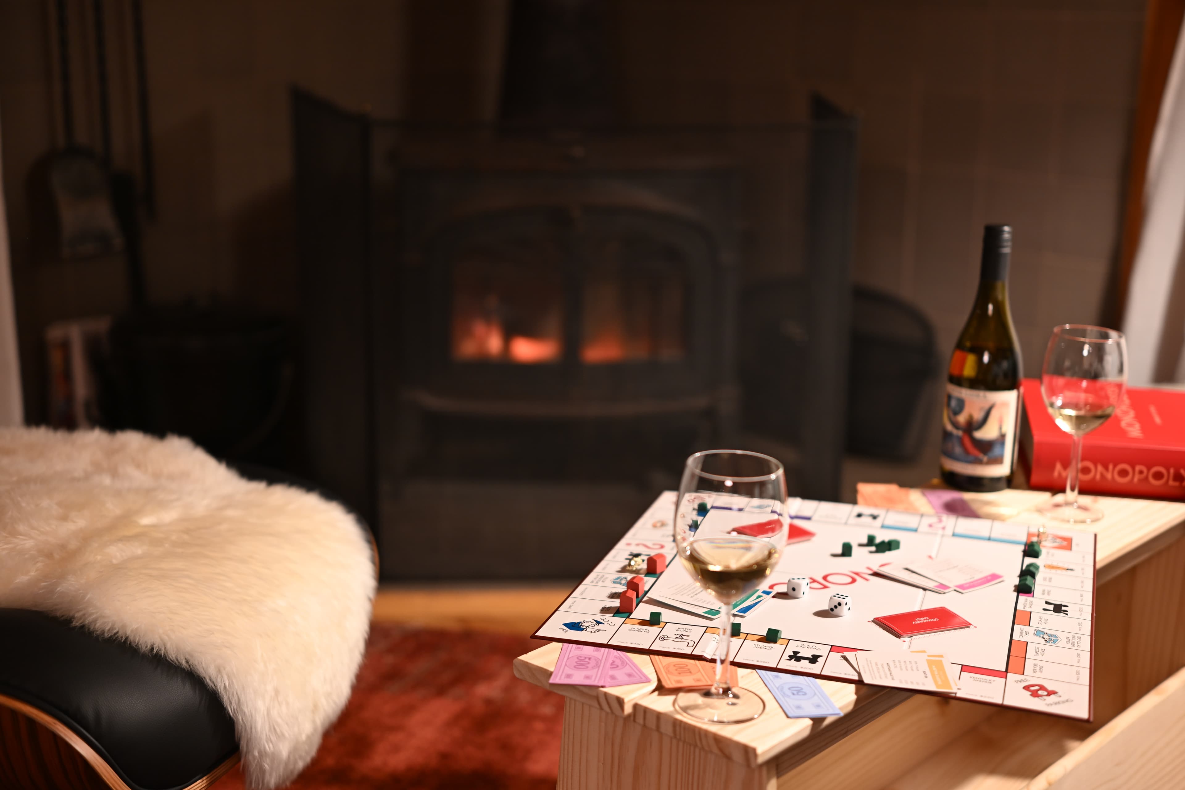 We love a good fire and a slow boardgame with a bottle of wine.