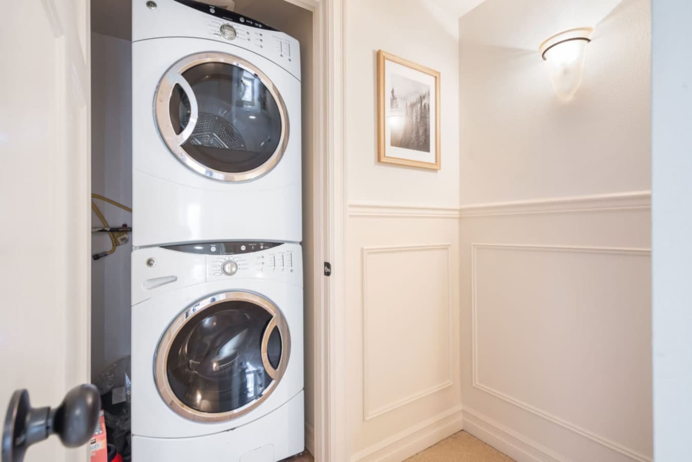 LAUNDRY: Washer and dryer with laundry detergent, ironing board, and iron.