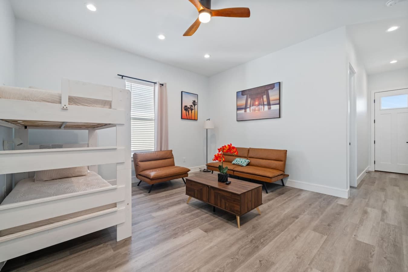 The second living room is in the common space upstairs and includes additional bedding