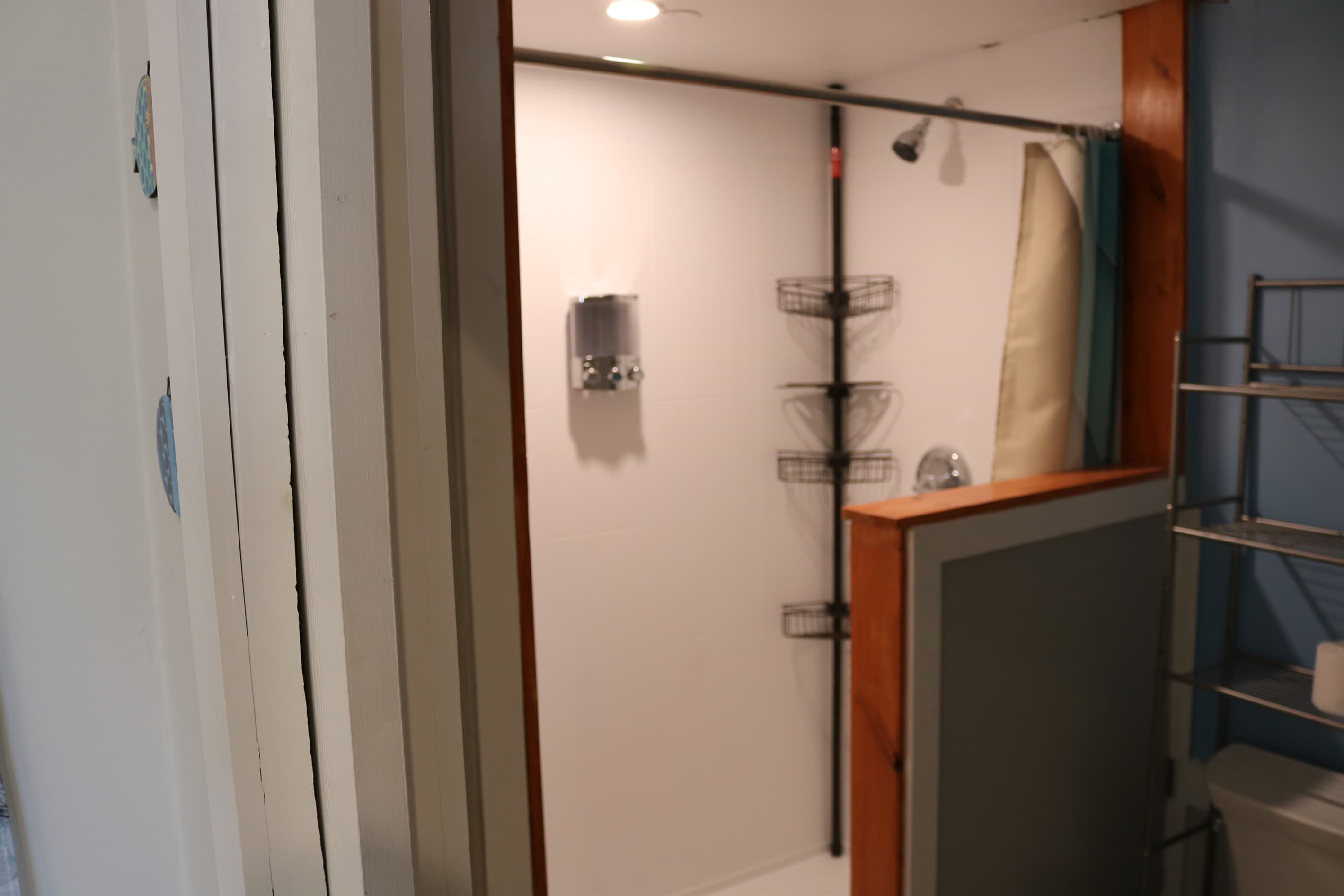 walk in shower including all the essentials (shampoo, conditioner, body soap) along with plenty of room to store your own