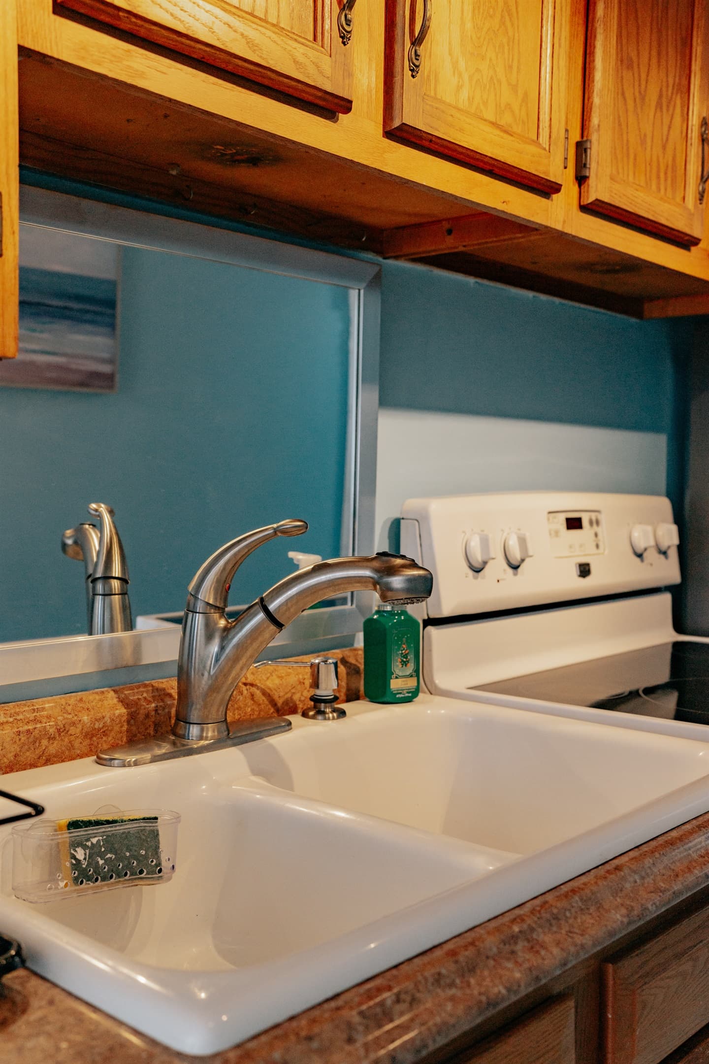 the sink in the kitchen, including a nice mirror above the sink, and all the things you might expect such as soap and sponge