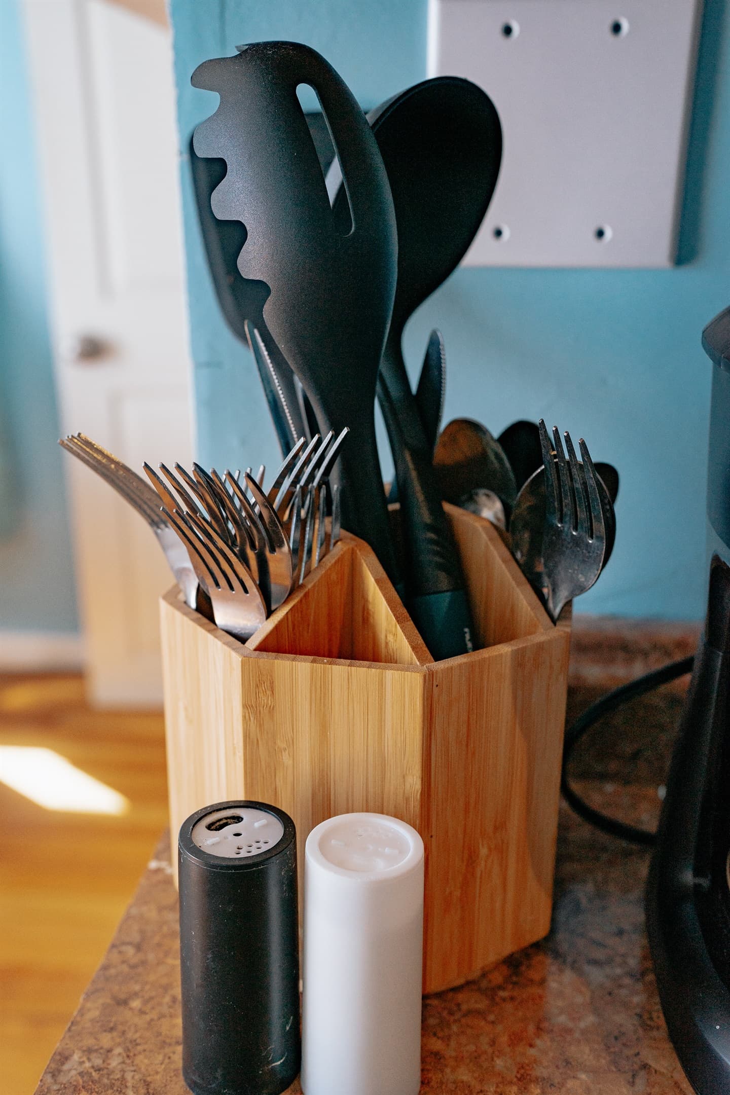 this is a close up view of the kitchen area including forks, knives, salt, pepper and various kitchen staples