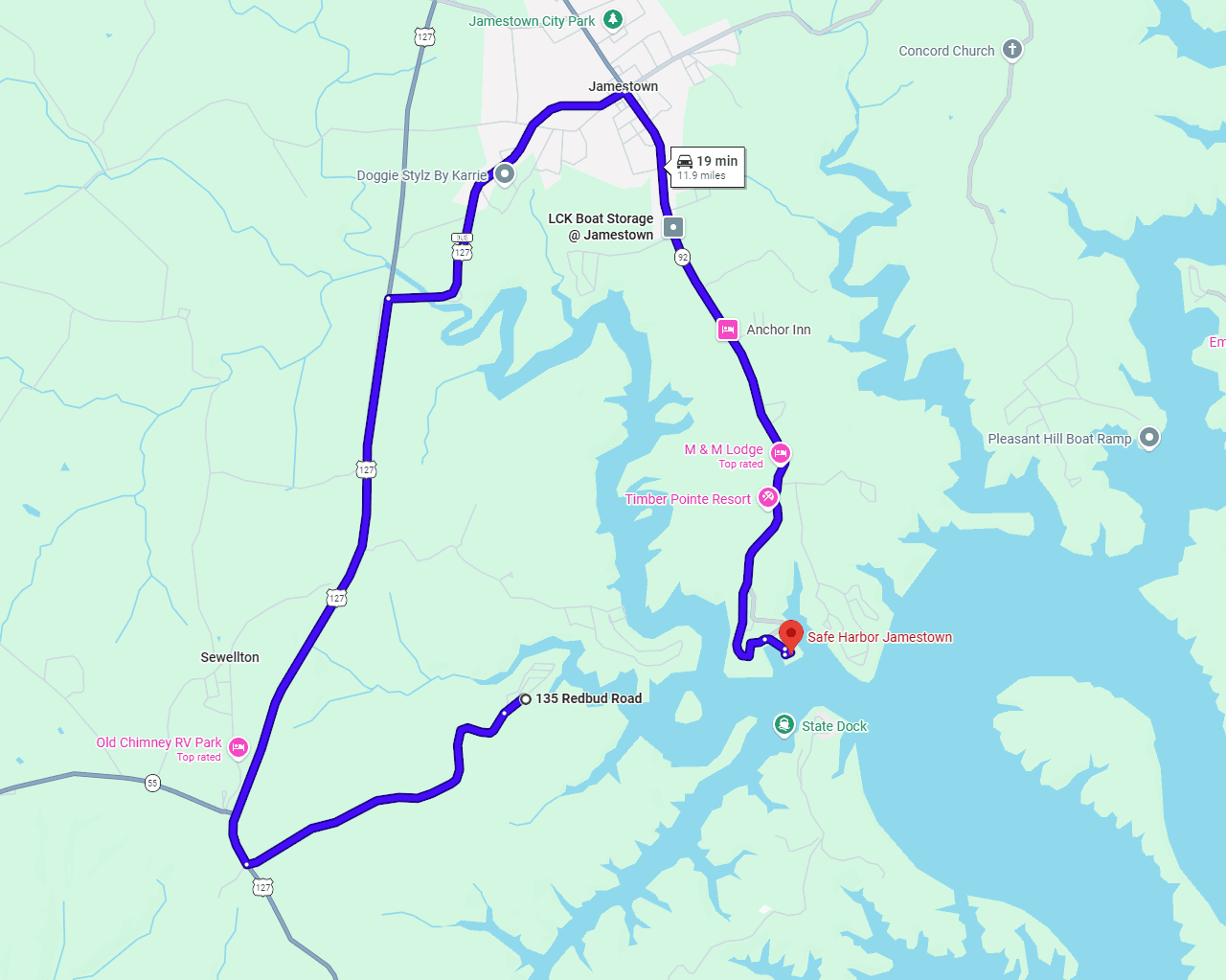 19 minutes to Jamestown Marina Boat Ramp