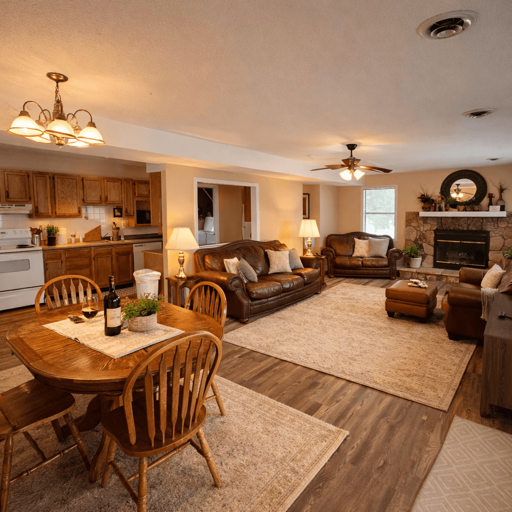 Open-concept living with living and dining and kitchen combined