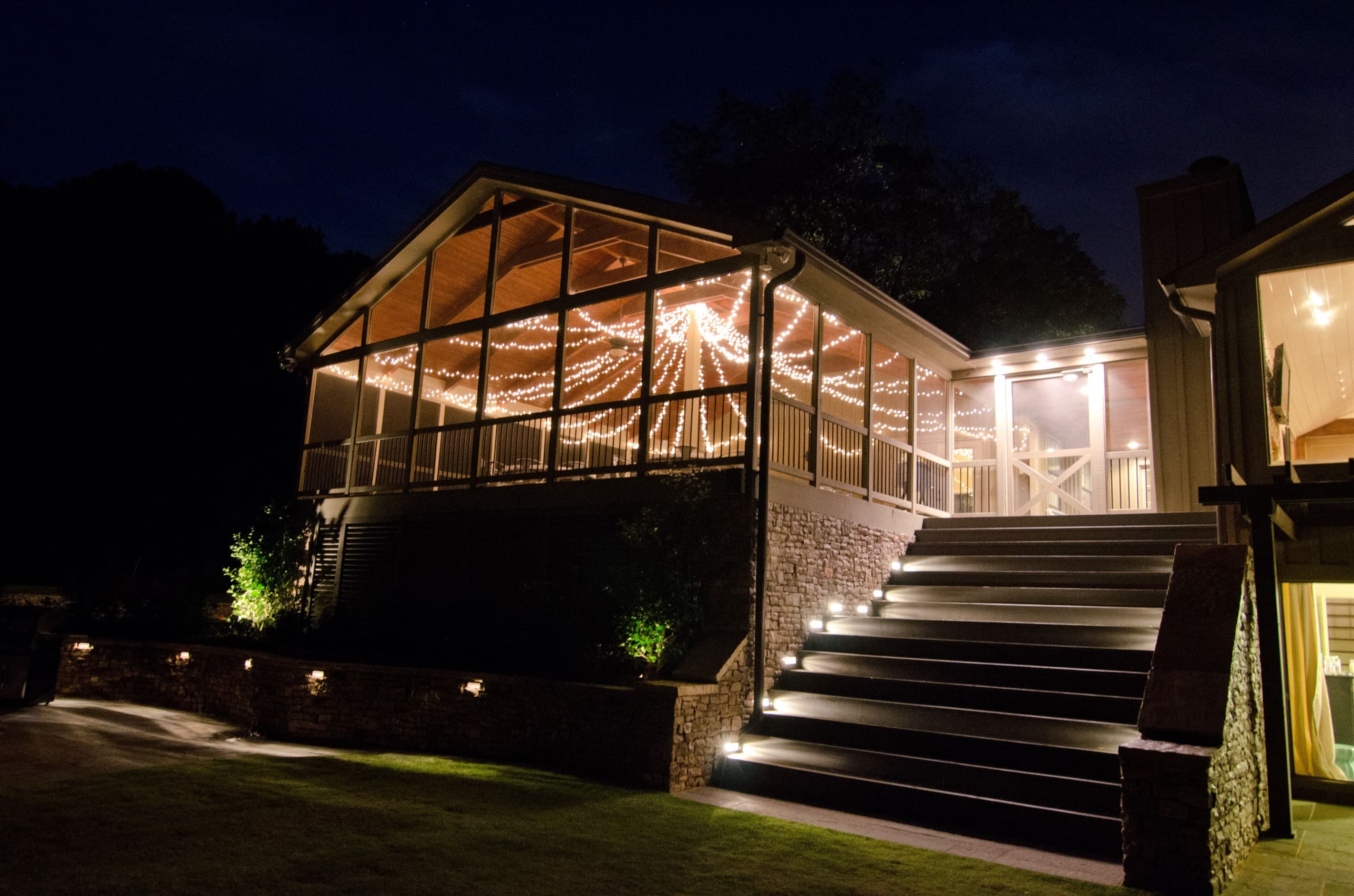 Night time view of the screened porch