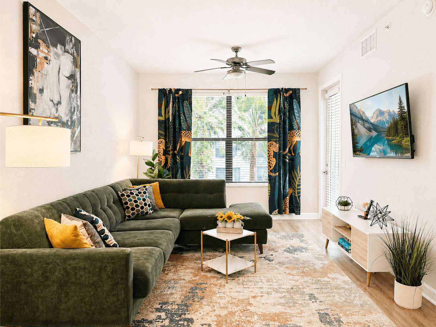The well-designed living room overlooks a courtyard filled with tropical foliage and the sounds of doves cooing. The sectional turns into a queen sleeper sofa. Linens provided.