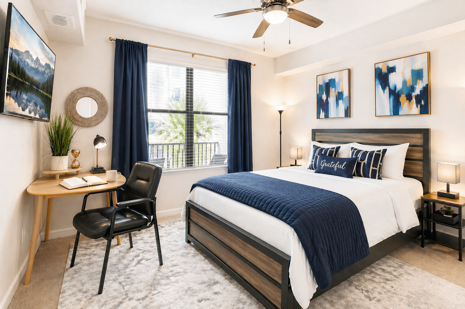 The large smart TV is perfect for watching shows from bed! The comfortable bedroom has plenty of space. Draw the blackout curtains for a good night's sleep. 