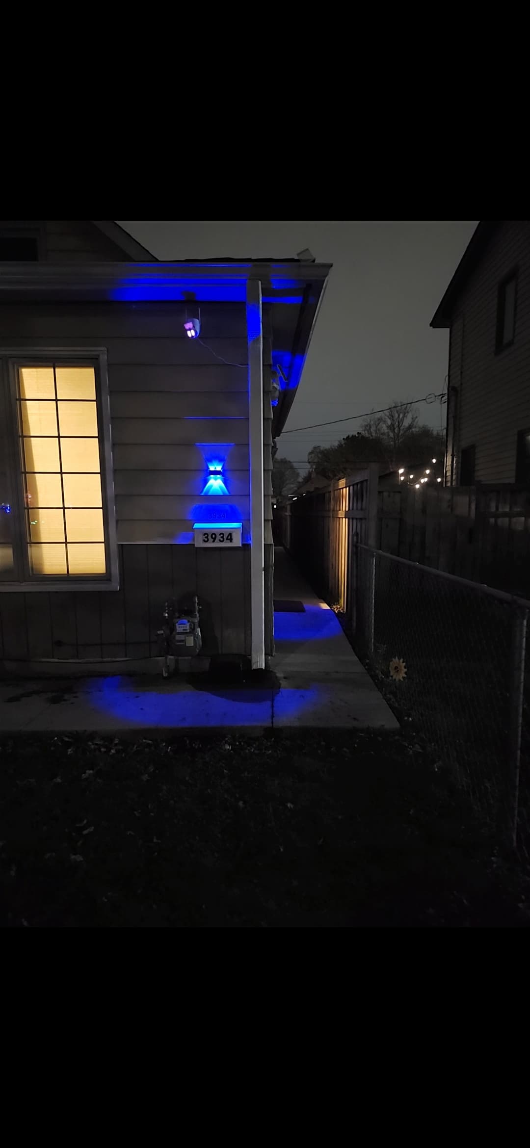 The condo has blue lights