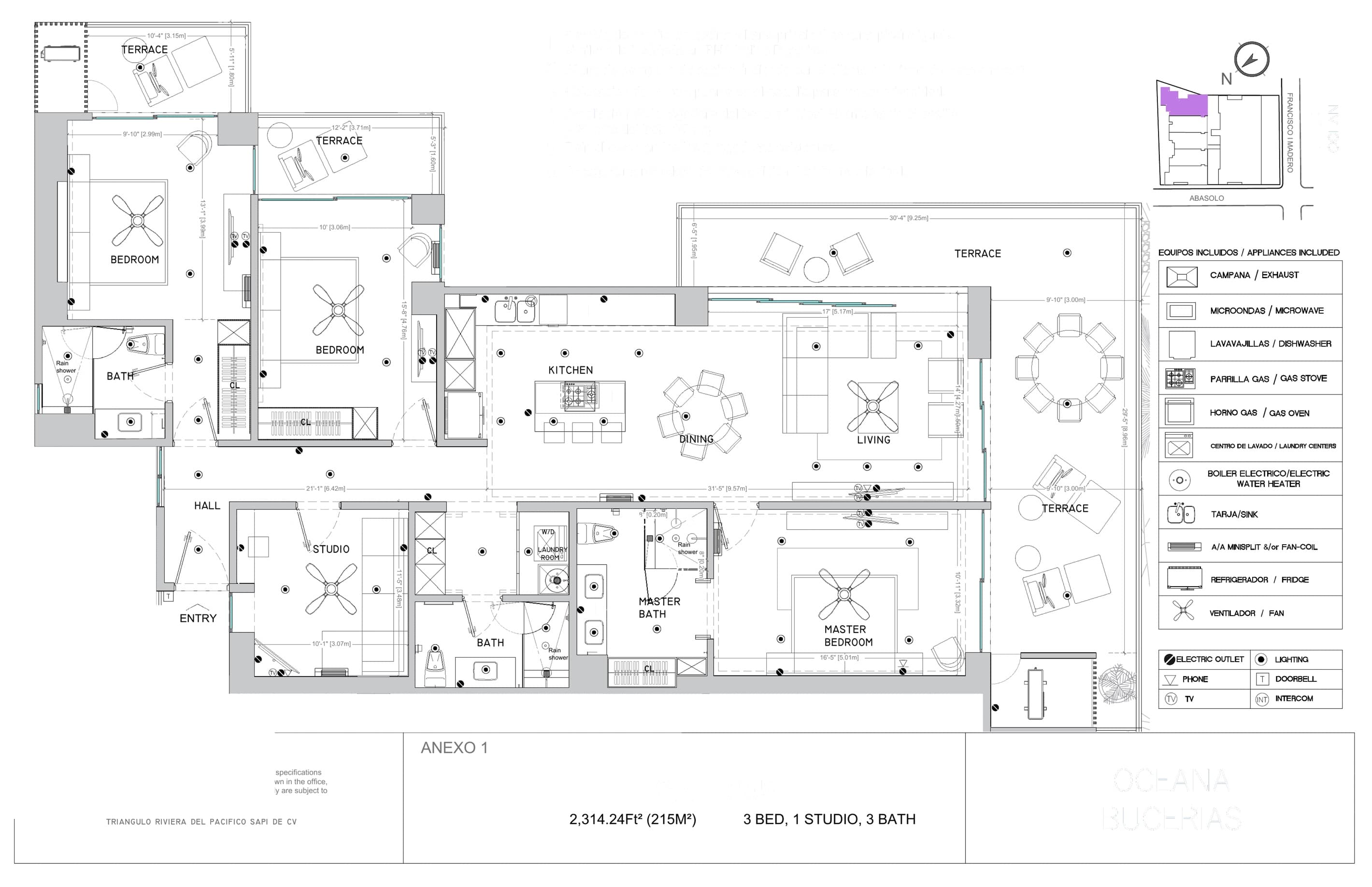 2,300+ sq ft corner unit with water views and balcony access from every bedroom, a light-filled study with sleeper bed, and sliding doors on two walls for seamless indoor-outdoor living.