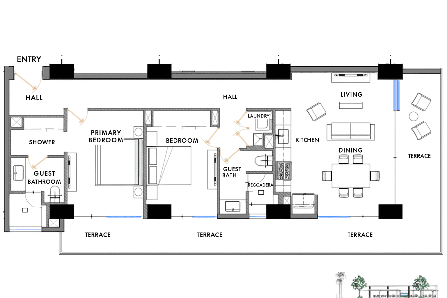 This spacious floorplan features balcony access from every bedroom and rare corner-unit sliding doors on two walls — designed for seamless indoor-outdoor living.