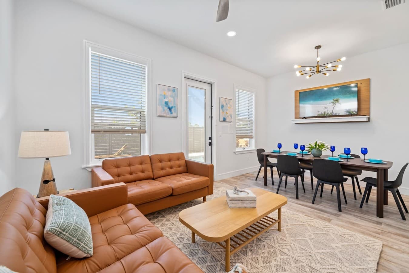 An open living space with a large smart TV