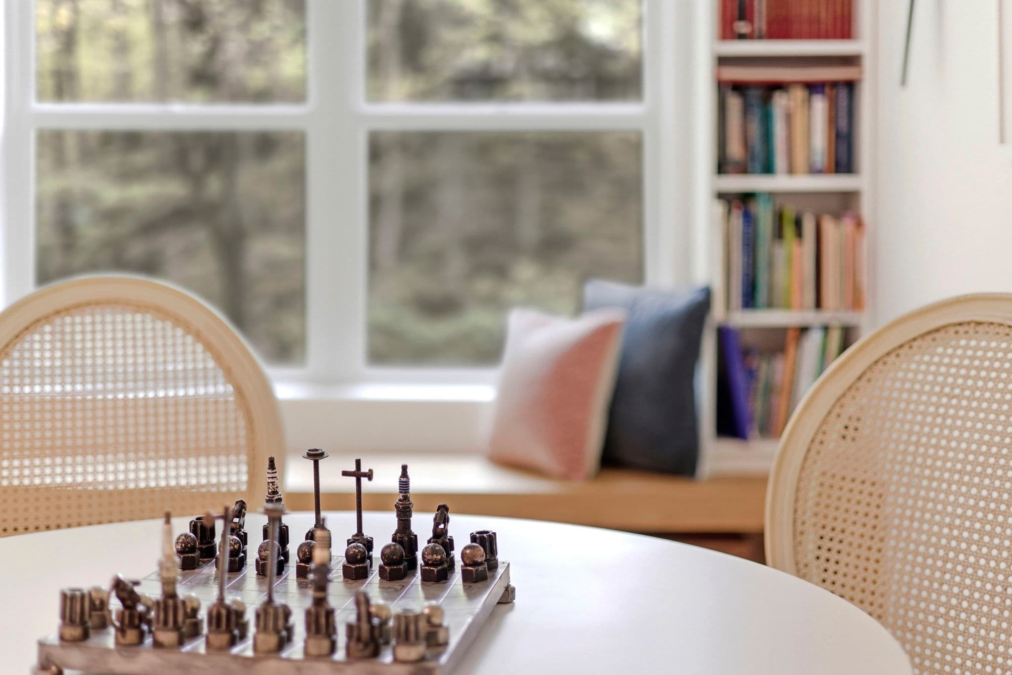 Enjoy a game of chess with our chess set made of machine parts.