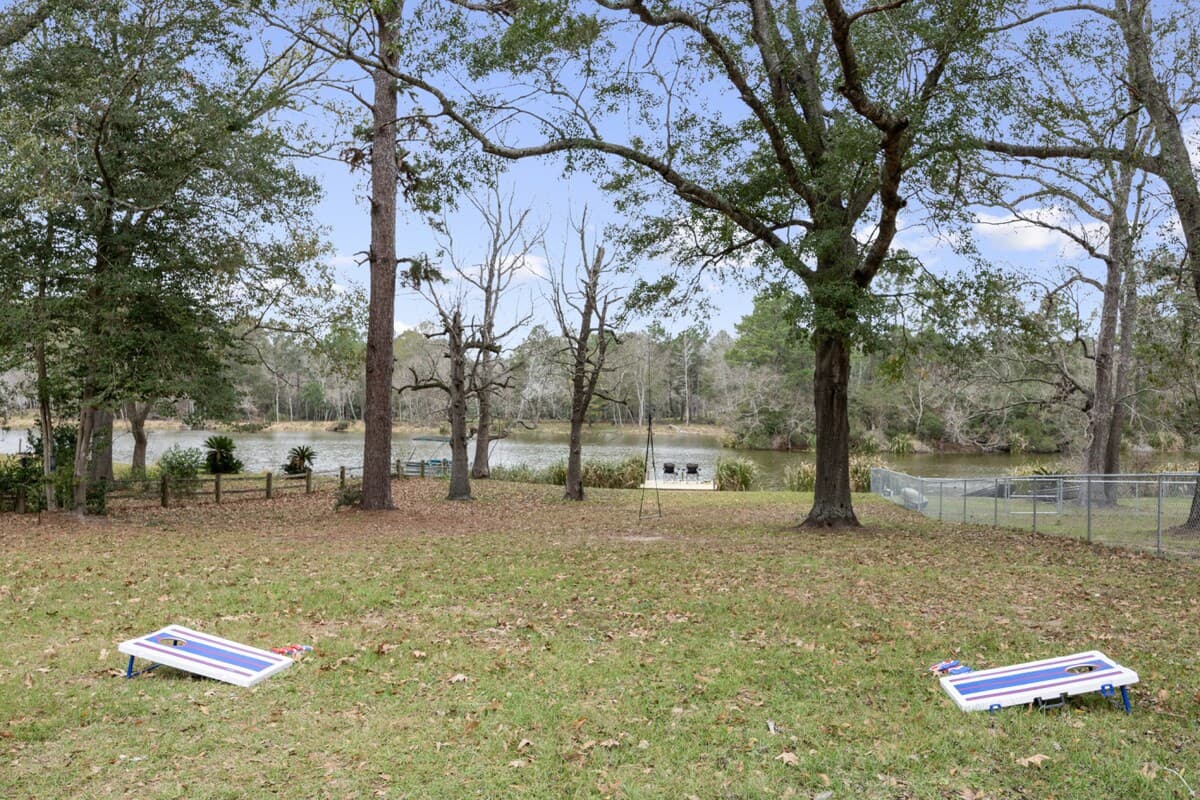 Game-ready yard with scenic views beyond the trees.