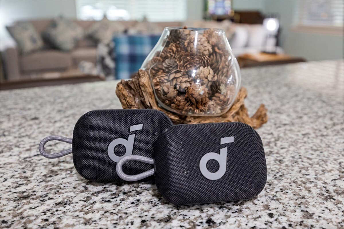 Thoughtful kitchen detail with portable speakers to set the perfect mood during your stay.